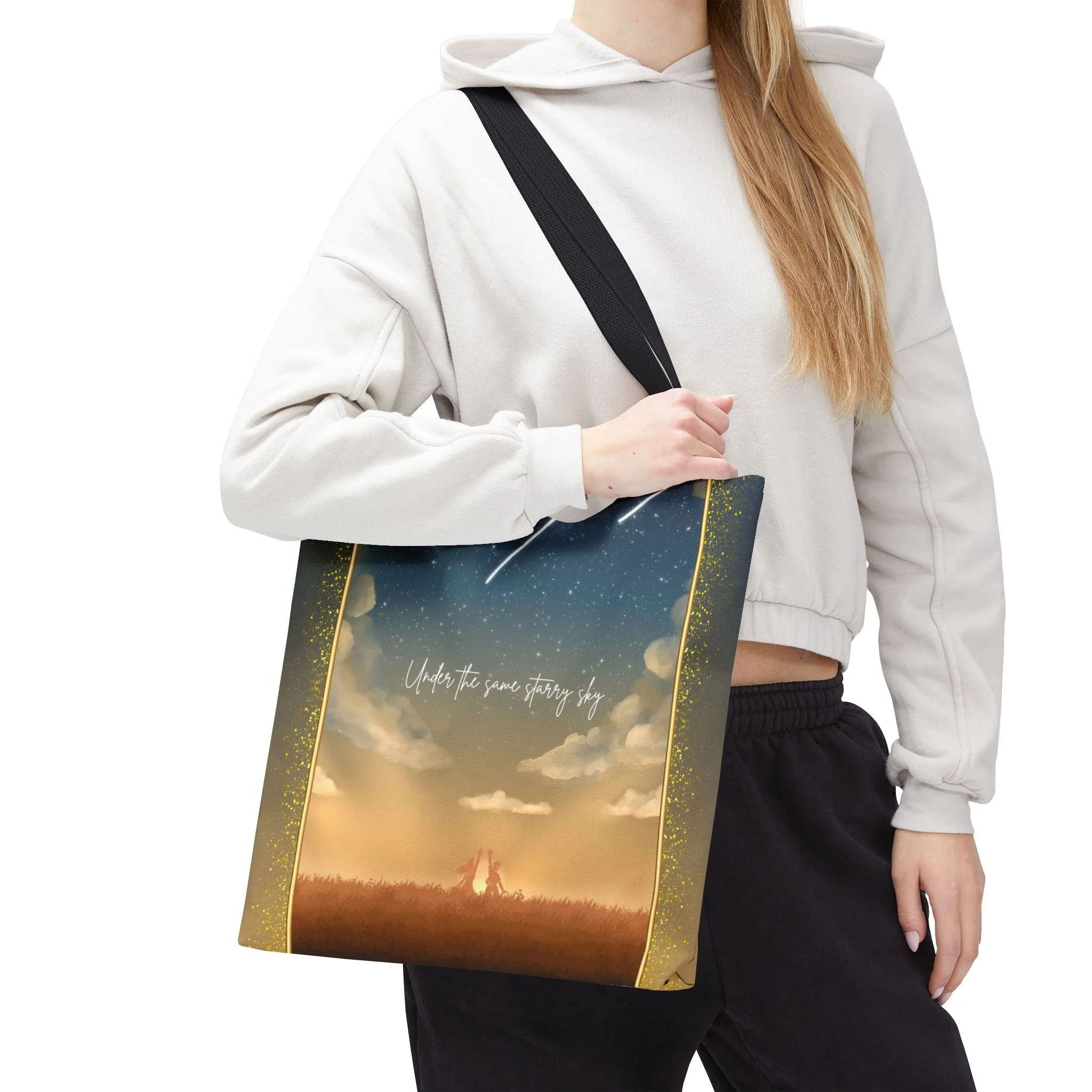 Celestial tote bag featuring shooting stars and silhouettes,  unique gift for expats living in the Netherlands. Size 16x16 tote bag