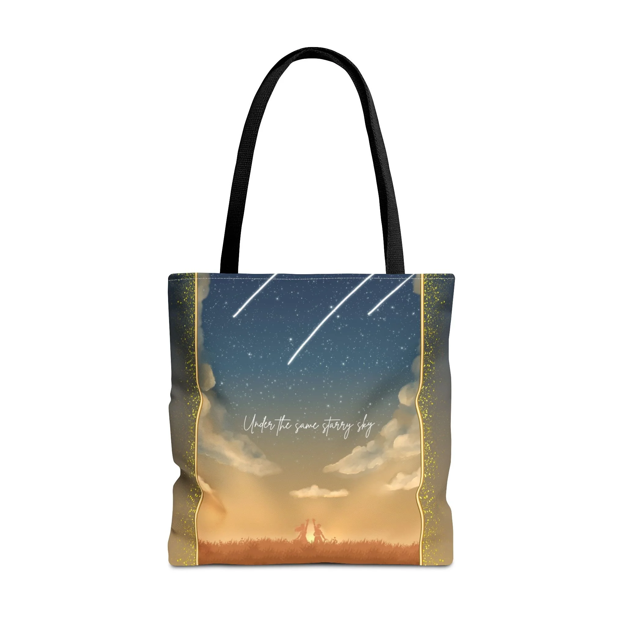 Celestial tote bag featuring shooting stars and silhouettes,  unique gift for expats living in the Netherlands. Black handle tote bag
