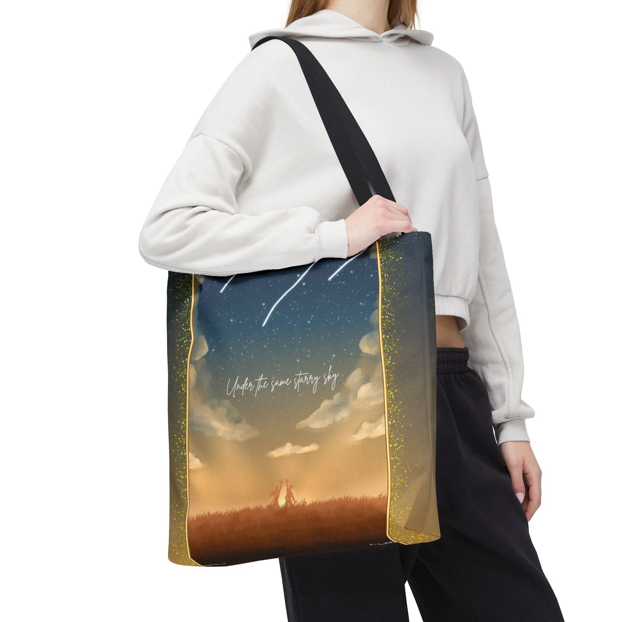 Celestial tote bag featuring shooting stars and silhouettes,  unique gift for expats living in the Netherlands. Size 18x18 tote bag