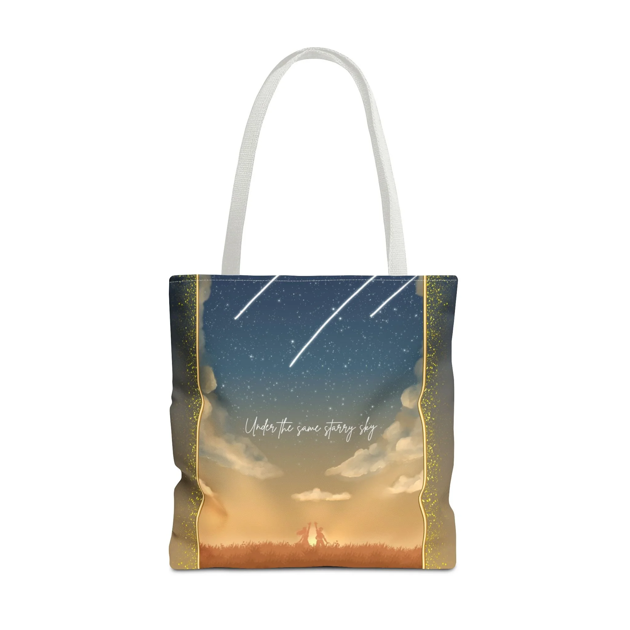 Celestial tote bag featuring shooting stars and silhouettes,  unique gift for expats living in the Netherlands. White handle tote bag