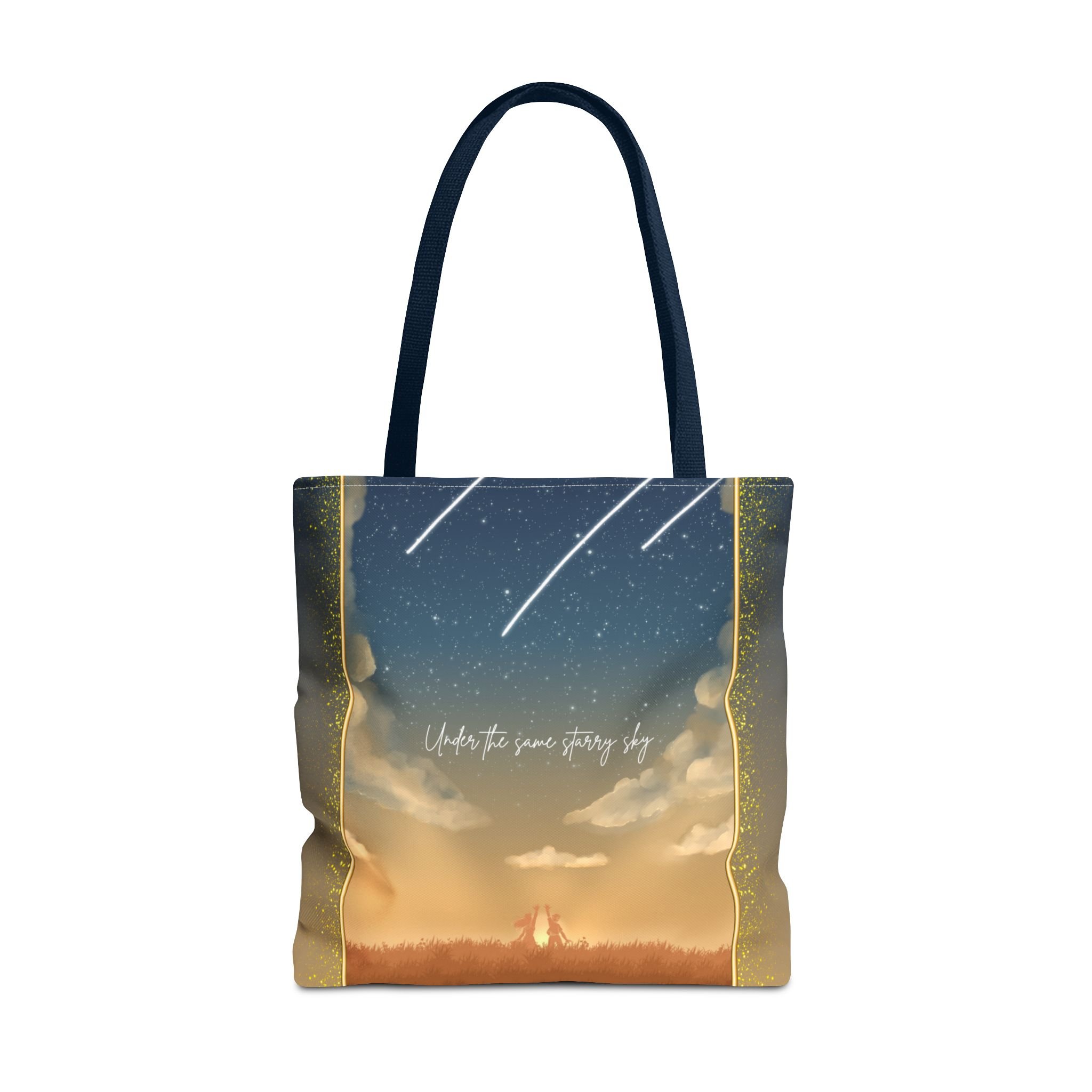 Celestial tote bag featuring shooting stars and silhouettes,  unique gift for expats living in the Netherlands. Navy blue handle tote bag