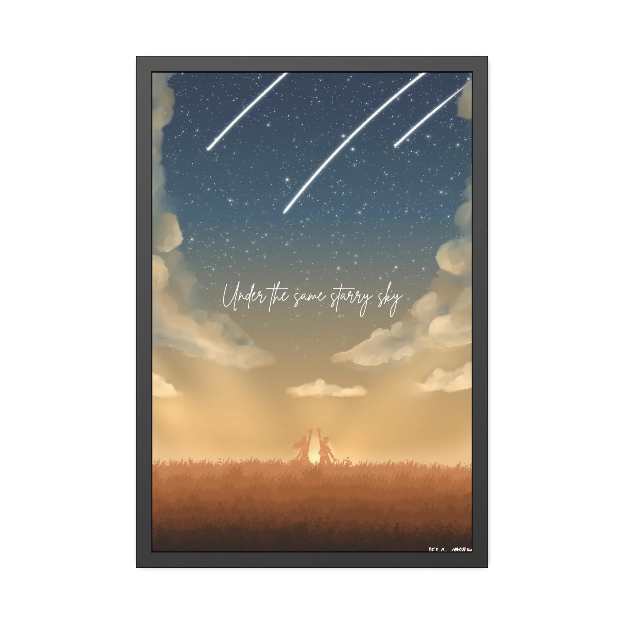 Framed celestial art print with golden sky and shooting stars, stating 'Under the same starry sky'  wall art for expats and locals in the Netherlands.
