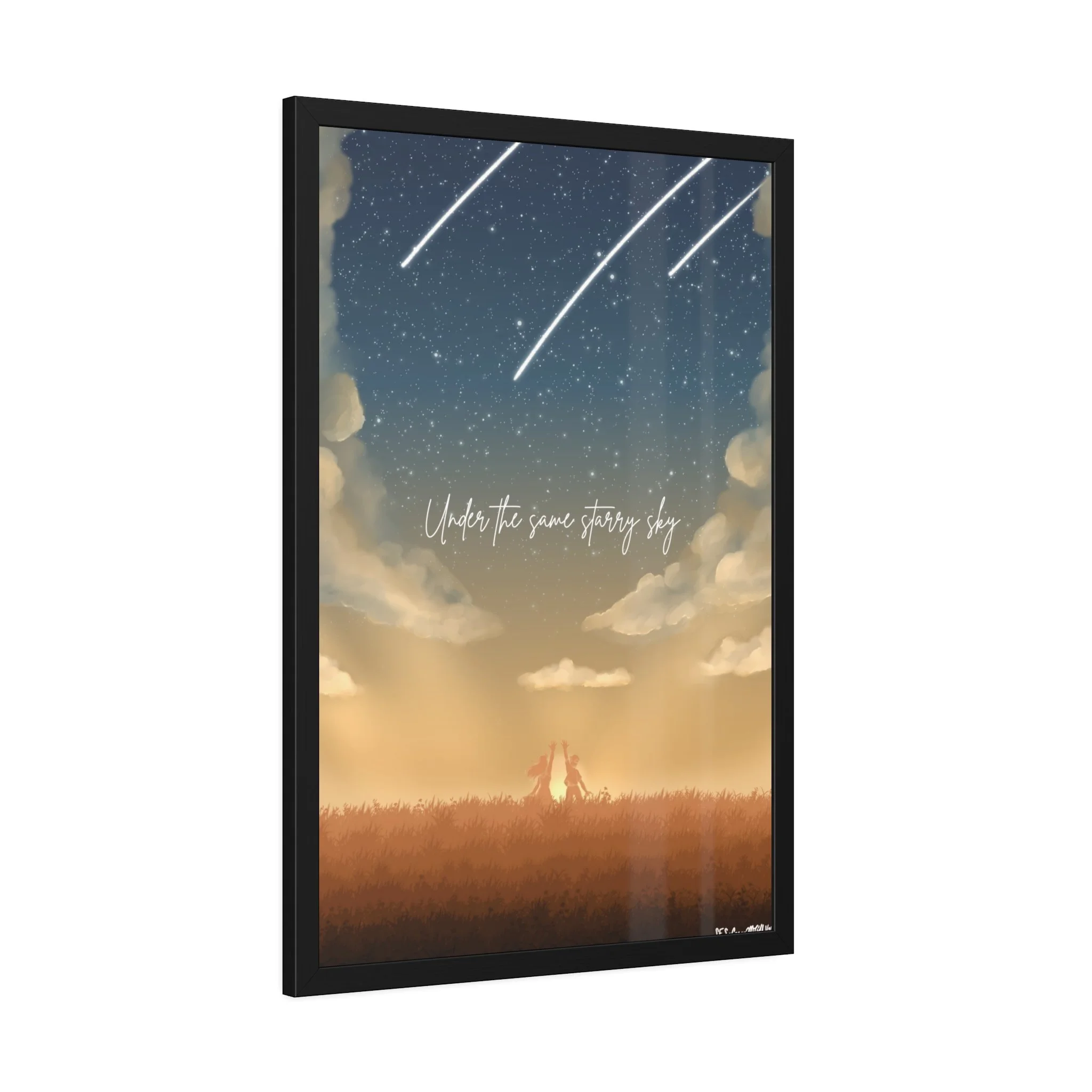 Framed celestial art print with golden sky and shooting stars, stating 'Under the same starry sky'  wall art for expats and locals in the Netherlands.