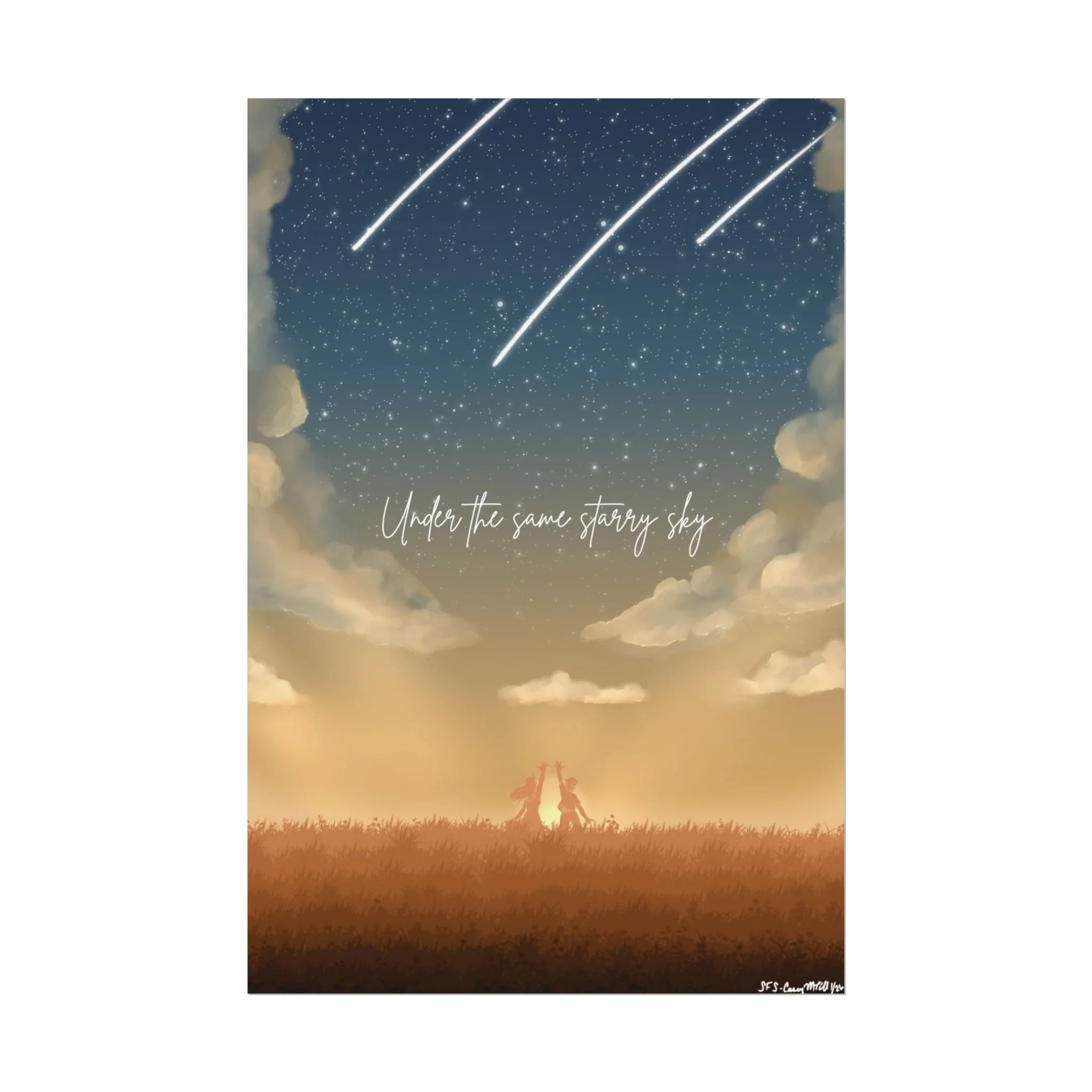 Celestial rolled art print with golden sky and shooting stars, stating 'Under the same starry sky', wall art for expats and locals in the Netherlands