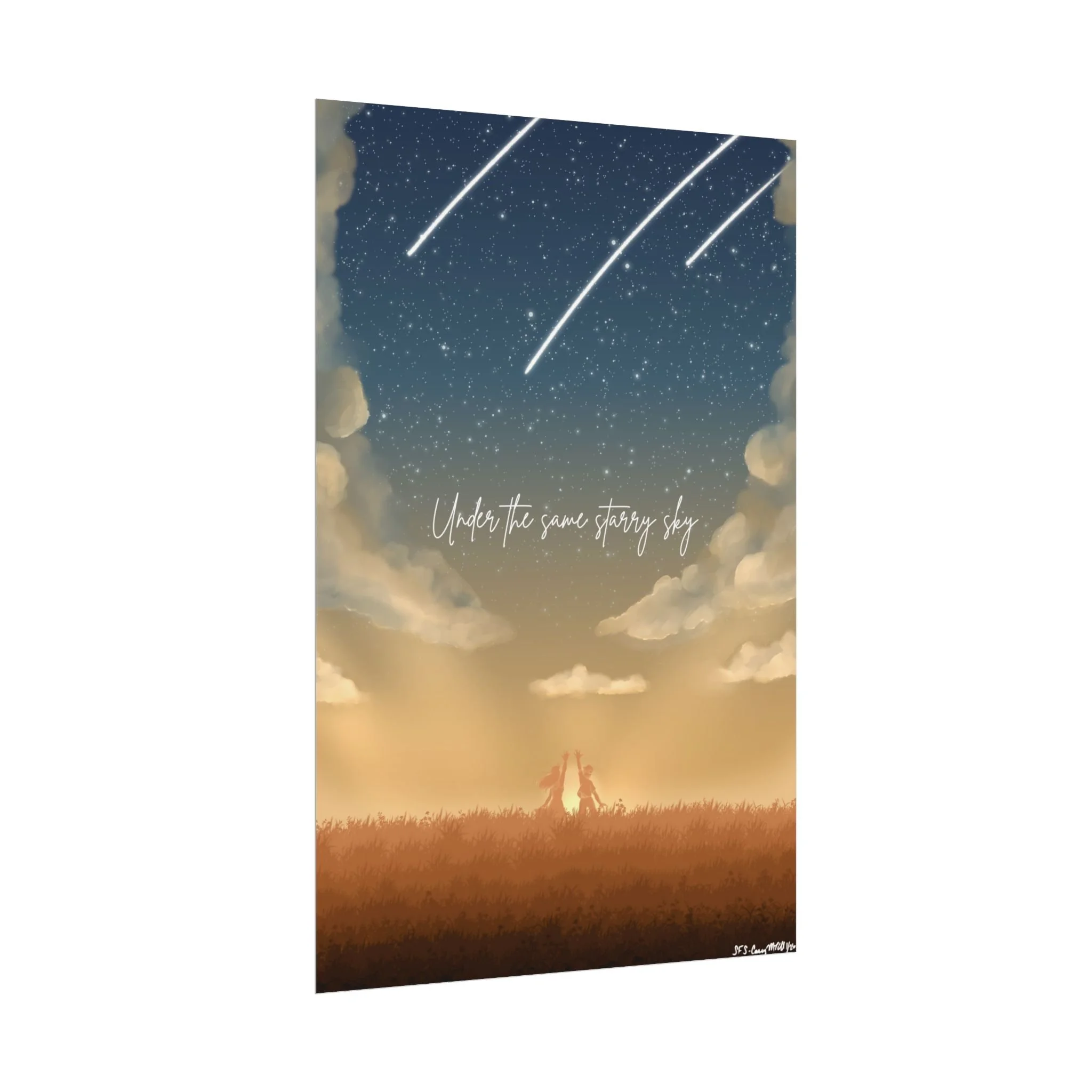 Celestial rolled art print with golden sky and shooting stars, stating 'Under the same starry sky', wall art for expats and locals in the Netherlands