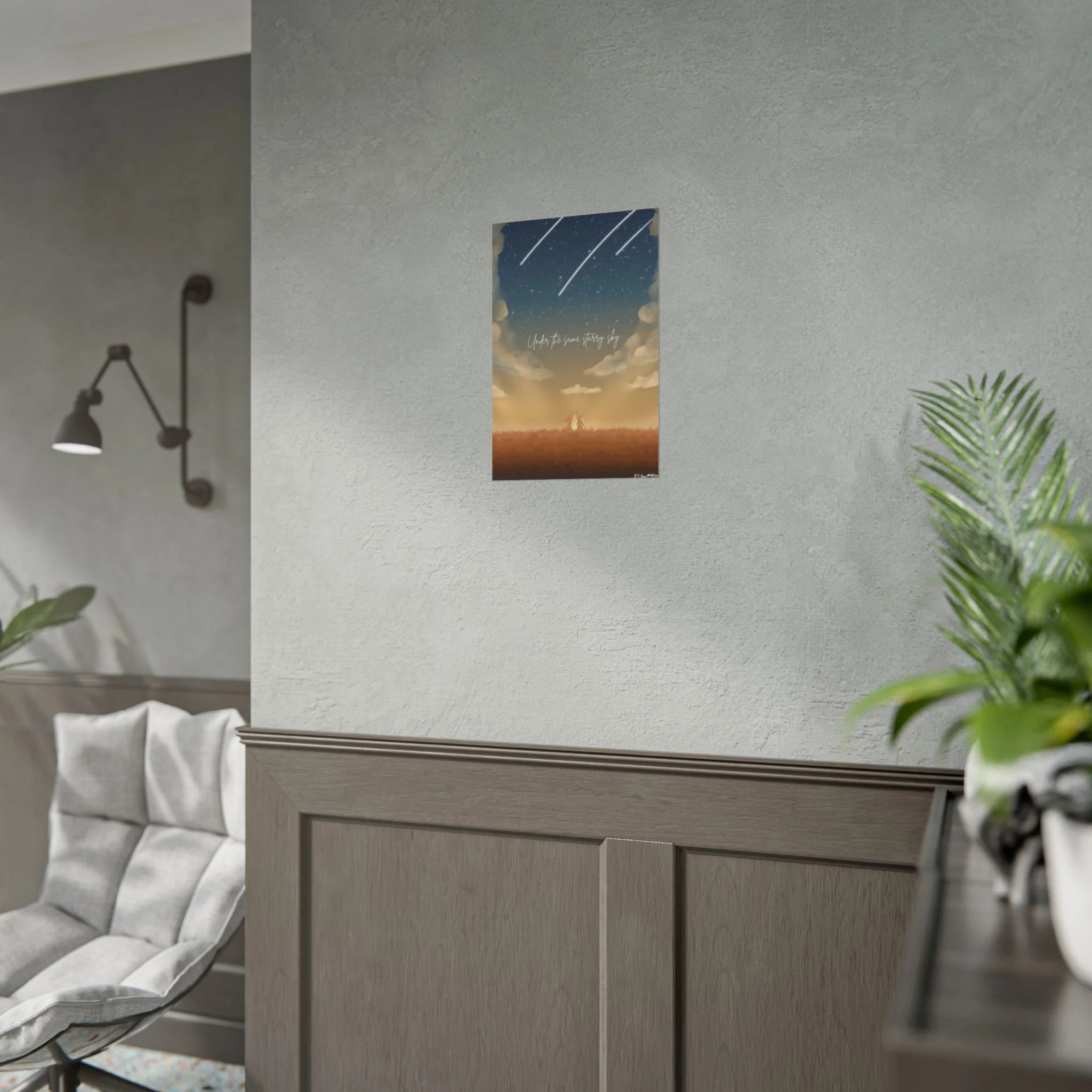 Celestial rolled art print with golden sky and shooting stars, stating 'Under the same starry sky', wall art for expats and locals in the Netherlands. Size 12x18