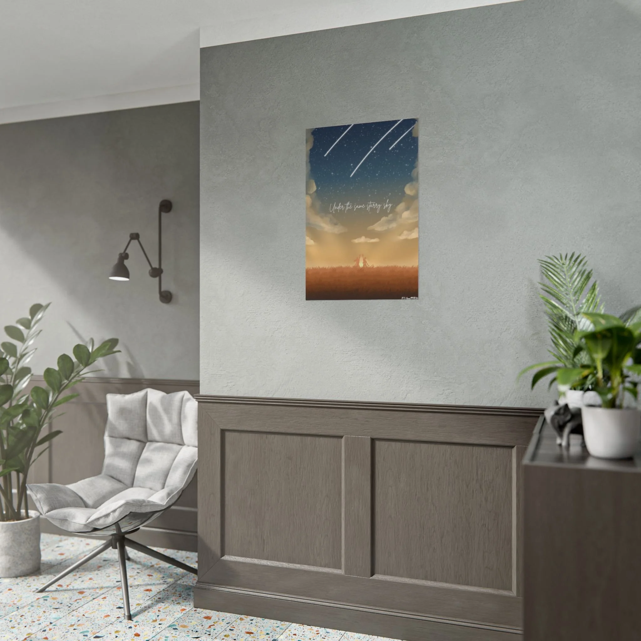 Celestial rolled art print with golden sky and shooting stars, stating 'Under the same starry sky', wall art for expats and locals in the Netherlands. Size 20x30