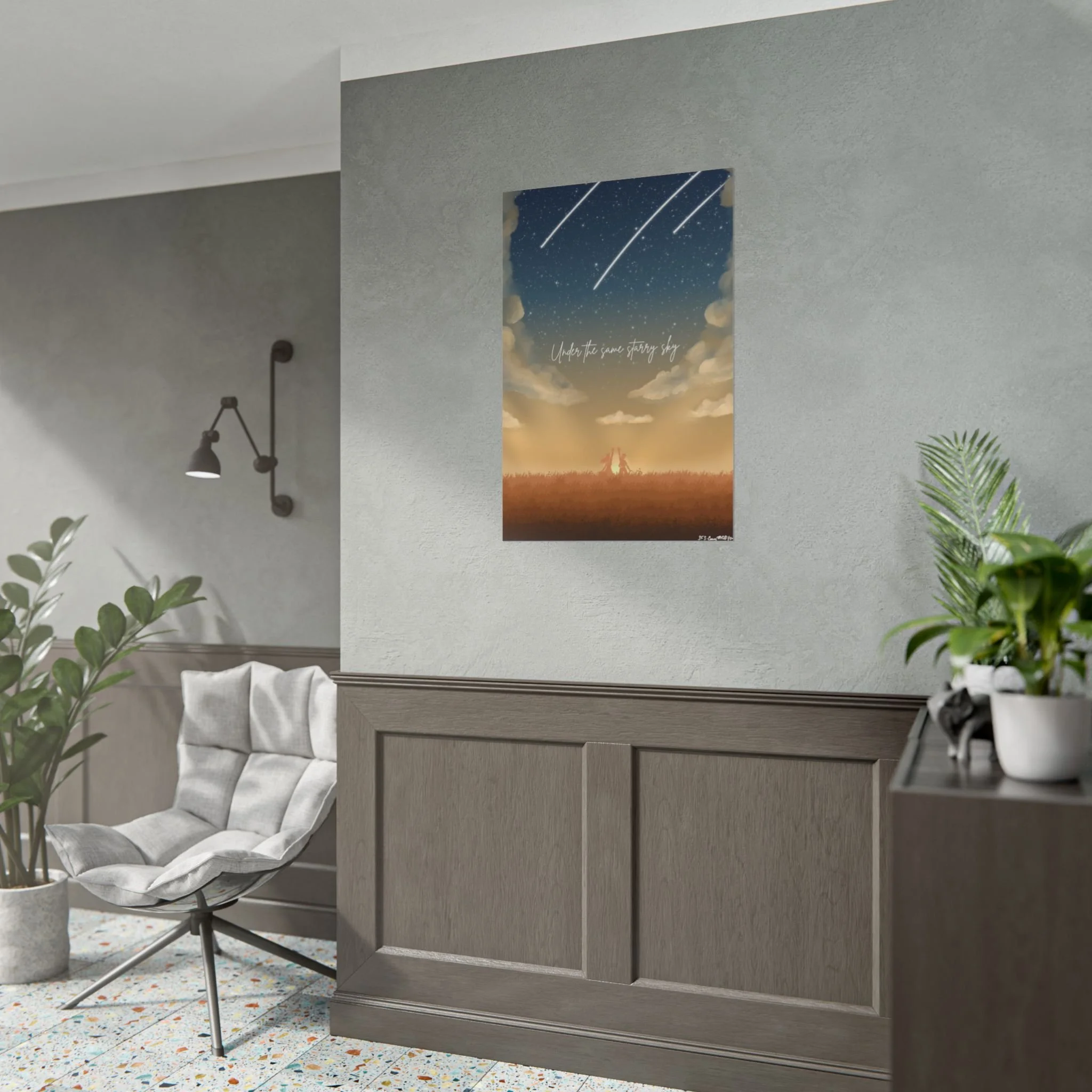 Celestial rolled art print with golden sky and shooting stars, stating 'Under the same starry sky', wall art for expats and locals in the Netherlands. Size 24x36 in