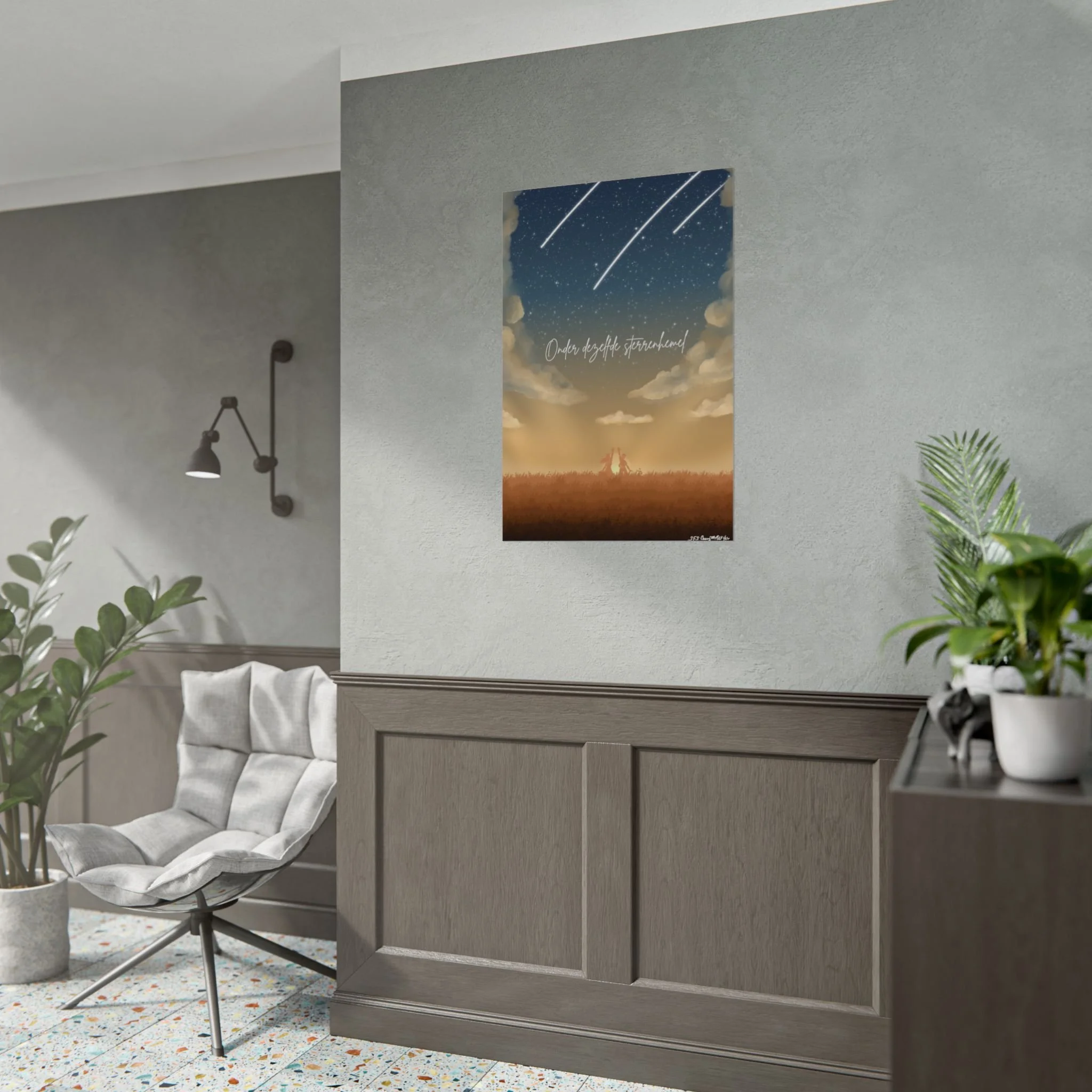 Dutch Celestial rolde kunstprint met een gouden hemel en vallende sterren, met de tekst 'Onder dezelfde sterrenhemel', muurkunst voor expats en locals in Nederland. Grootte 24x36 inches