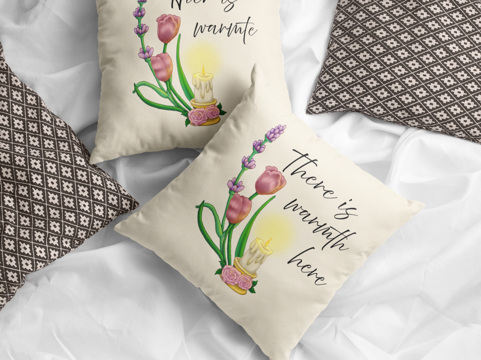 There Is Warmth Here decorative cream pillow featuring cottagecore illustration with candle, lavender sprigs, and tulips, whimsical home decor designed in Haarlem Netherlands