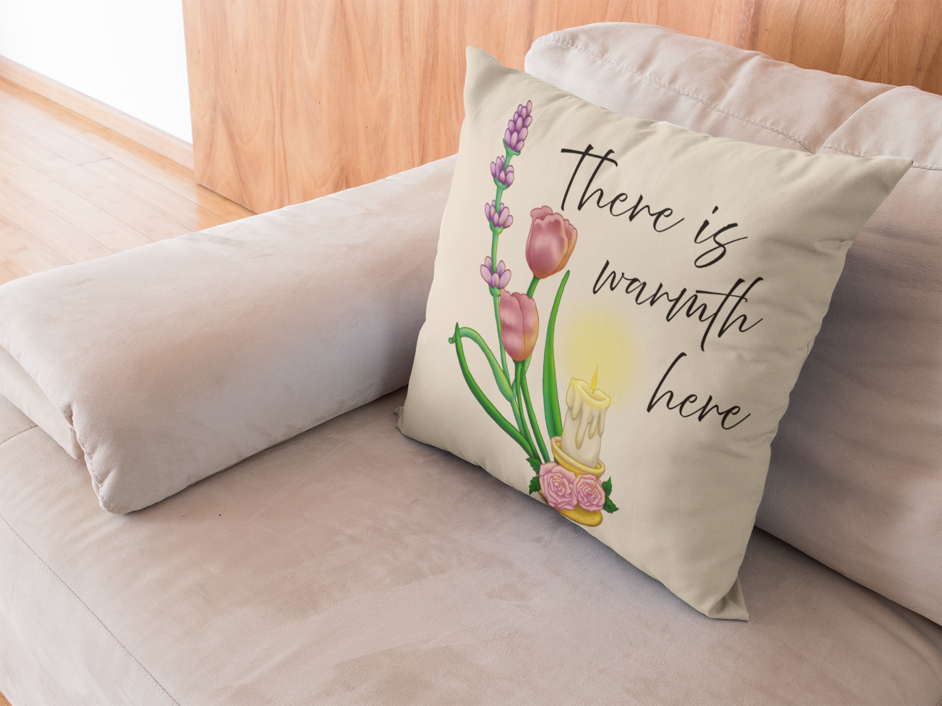 There Is Warmth Here decorative cream pillow featuring cottagecore illustration with candle, lavender sprigs, and tulips, whimsical home decor designed in Haarlem Netherlands