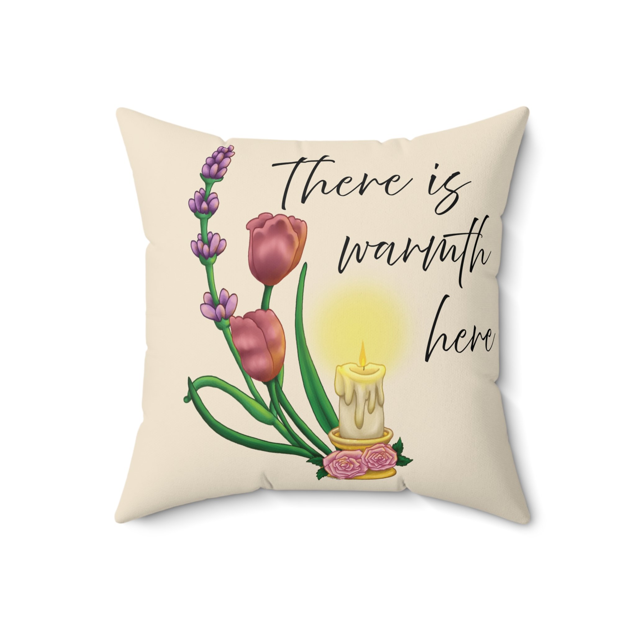 There Is Warmth Here decorative cream pillow featuring cottagecore illustration with candle, lavender sprigs, and tulips, whimsical home decor designed in Haarlem Netherlands. Size 18x18