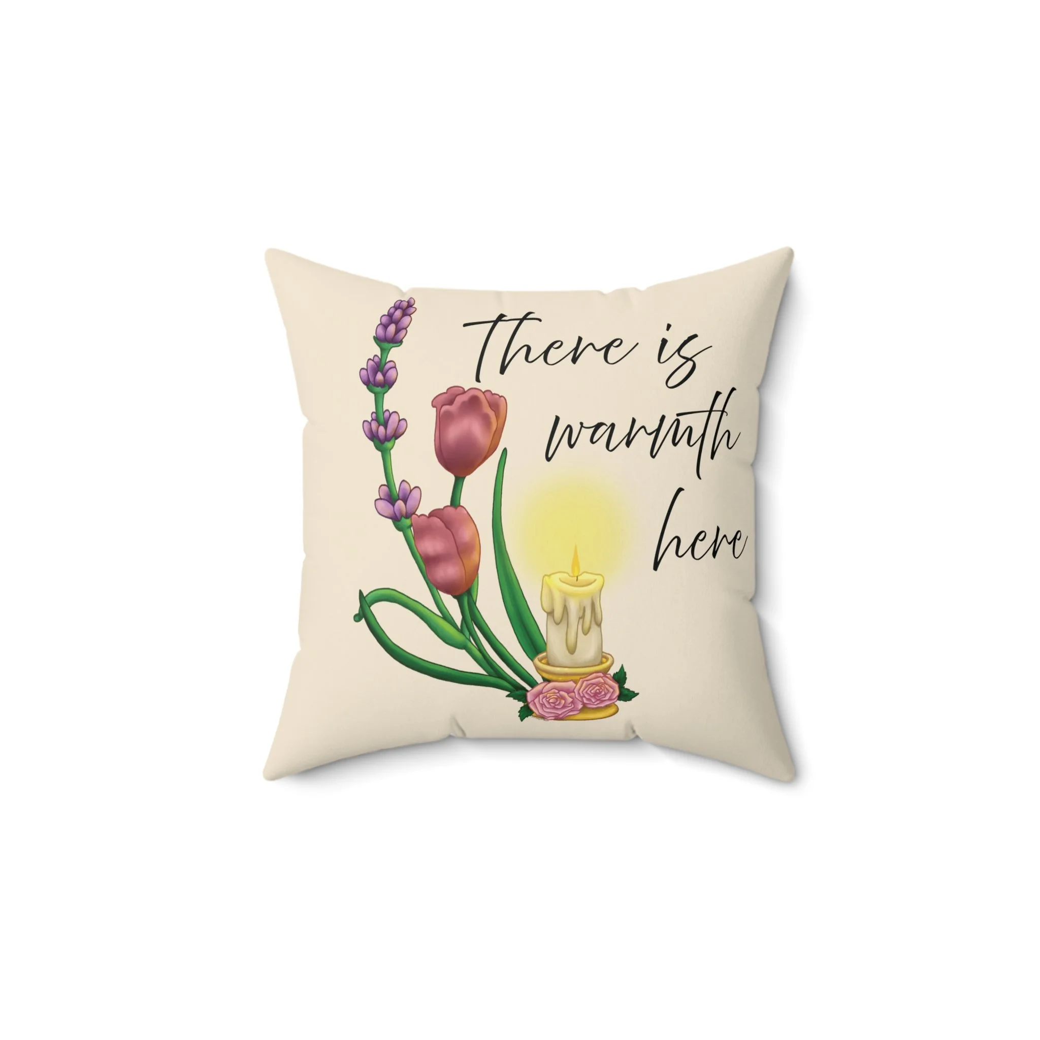 There Is Warmth Here decorative cream pillow featuring cottagecore illustration with candle, lavender sprigs, and tulips, whimsical home decor designed in Haarlem Netherlands. Size 14x14