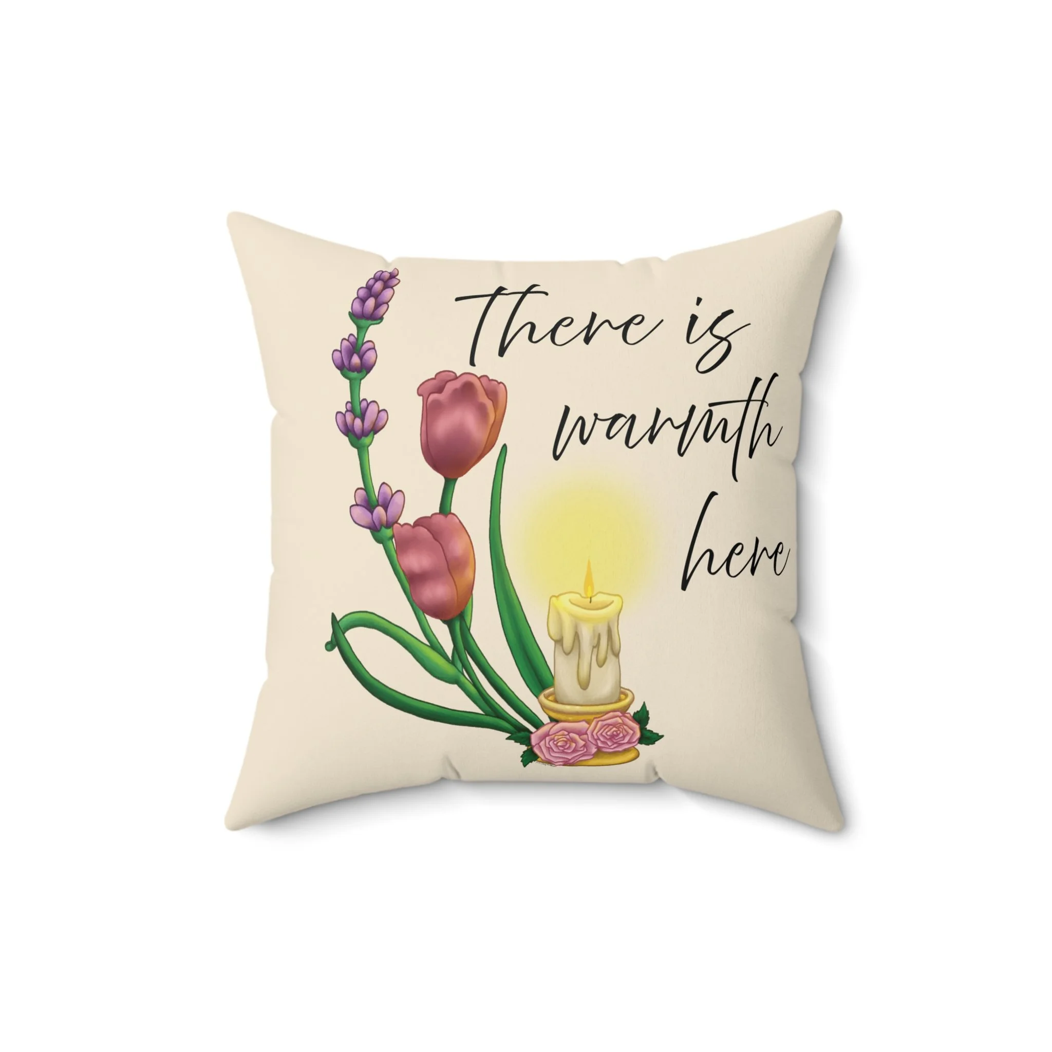 There Is Warmth Here decorative cream pillow featuring cottagecore illustration with candle, lavender sprigs, and tulips, whimsical home decor designed in Haarlem Netherlands. Size 16x16
