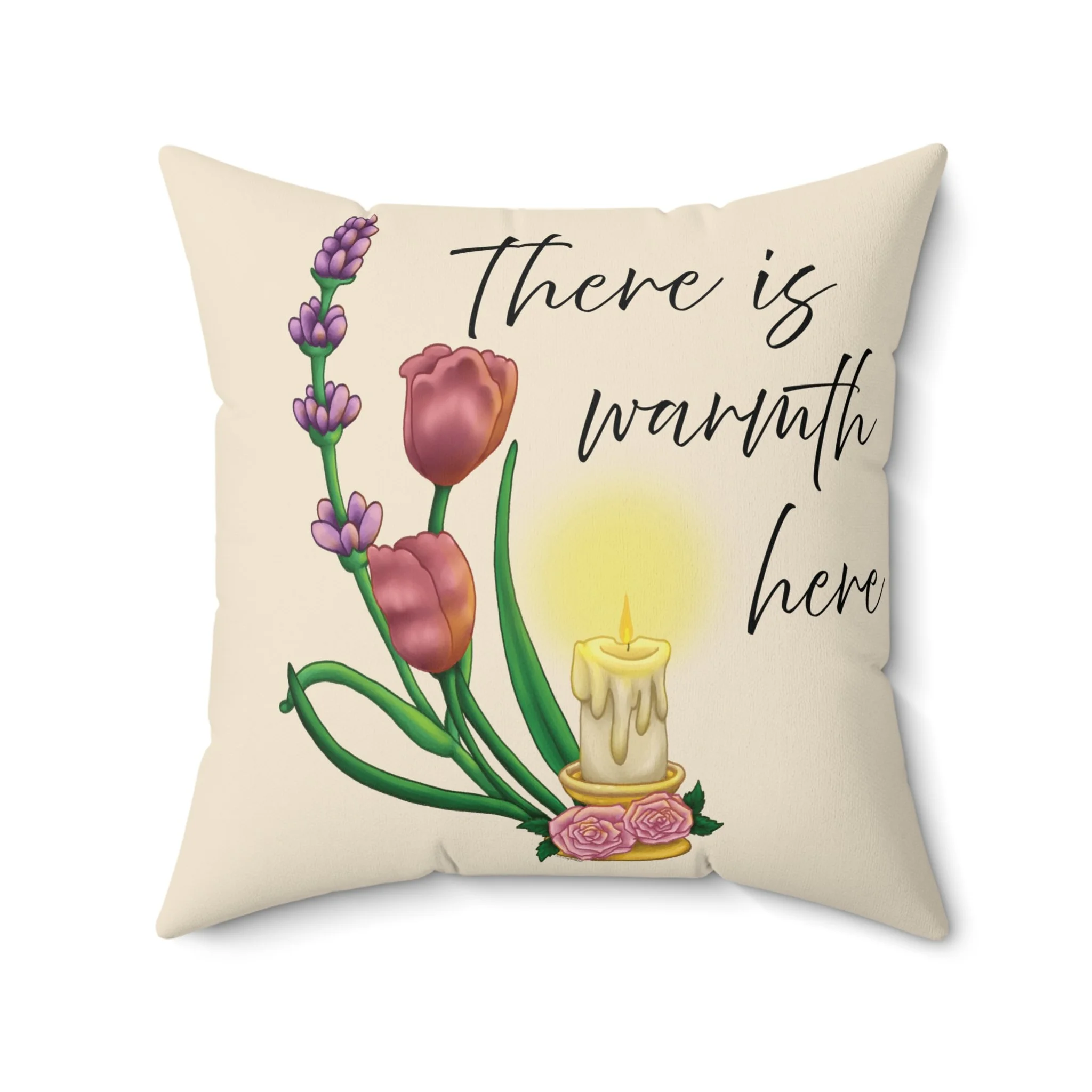 There Is Warmth Here decorative cream pillow featuring cottagecore illustration with candle, lavender sprigs, and tulips, whimsical home decor designed in Haarlem Netherlands. Size 20x20
