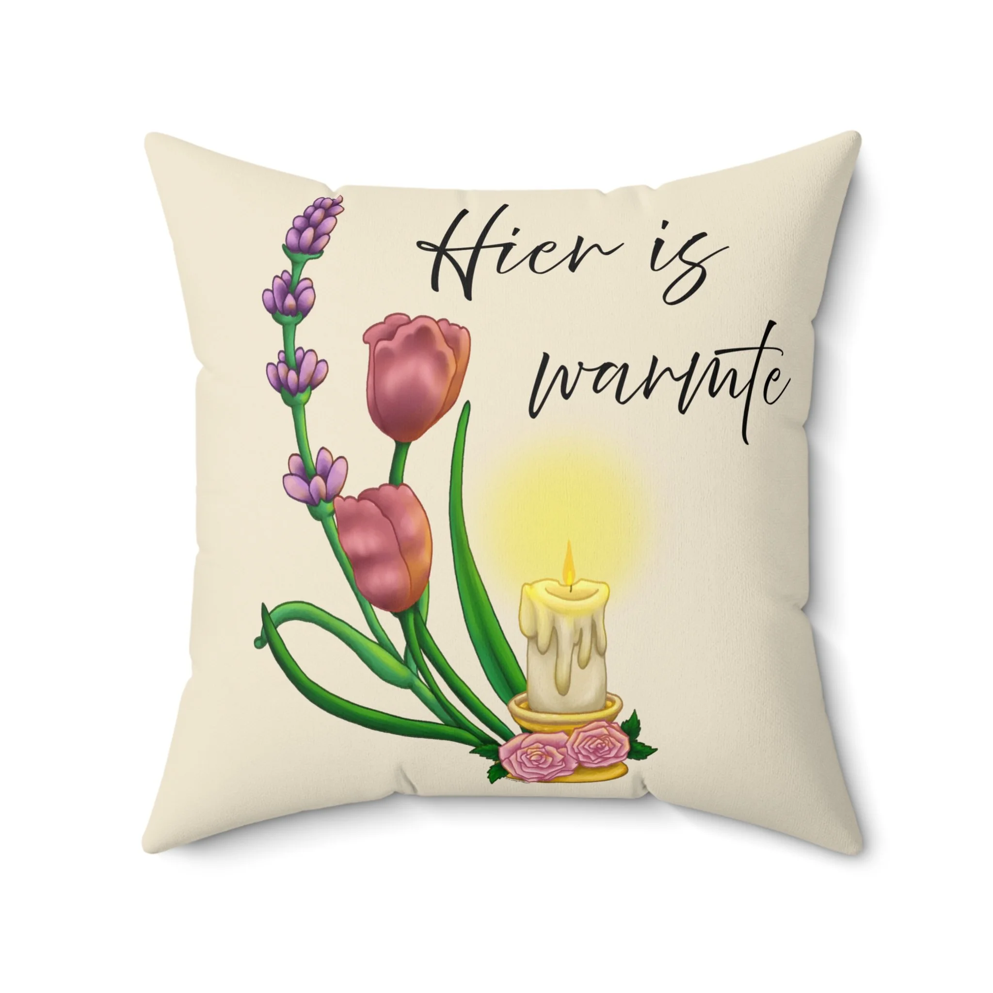 There Is Warmth Here decorative cream pillow featuring cottagecore illustration with candle, lavender sprigs, and tulips, whimsical home decor designed in Haarlem Netherlands. Size 20x20