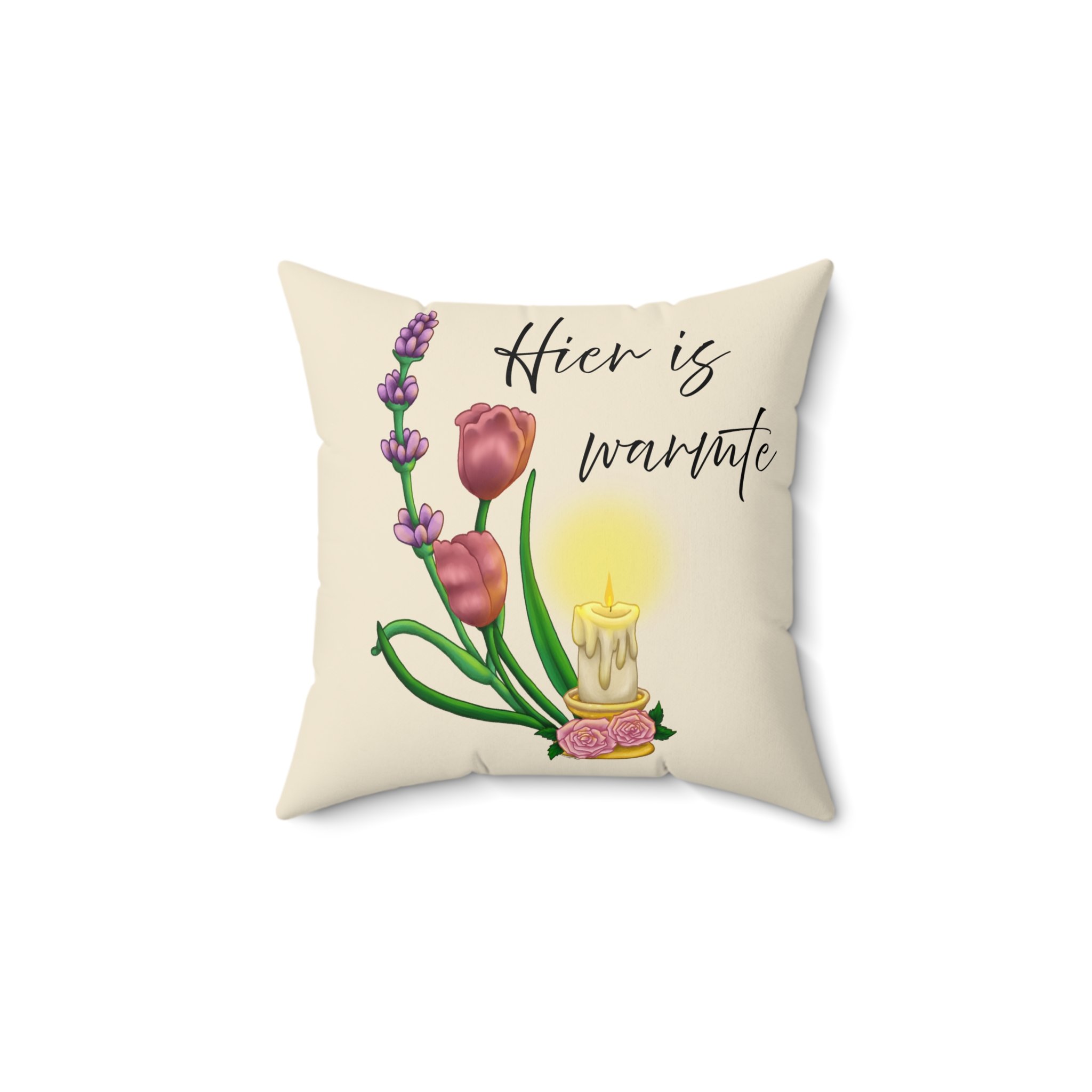 There Is Warmth Here decorative cream pillow featuring cottagecore illustration with candle, lavender sprigs, and tulips, whimsical home decor designed in Haarlem Netherlands. Size 14x14