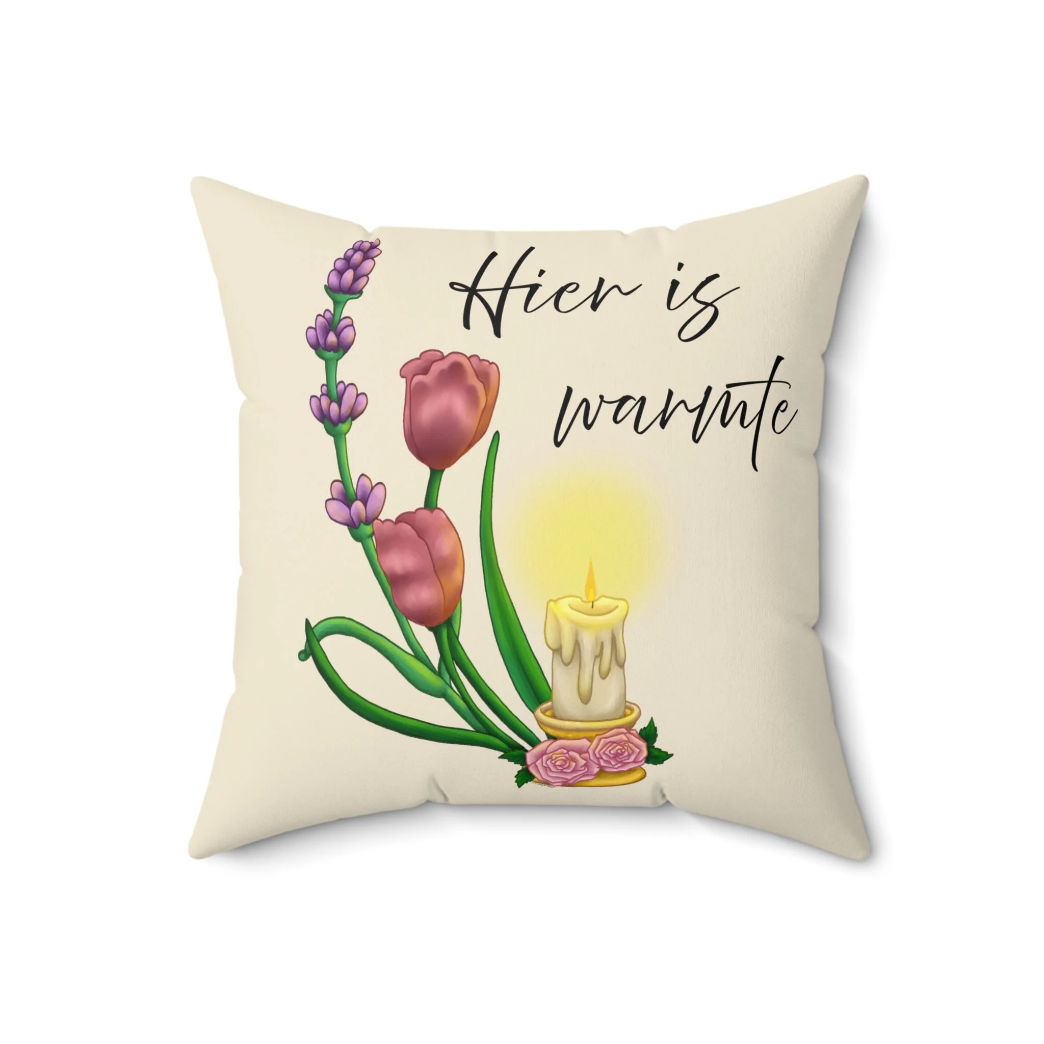 There Is Warmth Here decorative cream pillow featuring cottagecore illustration with candle, lavender sprigs, and tulips, whimsical home decor designed in Haarlem Netherlands. Size 18x18