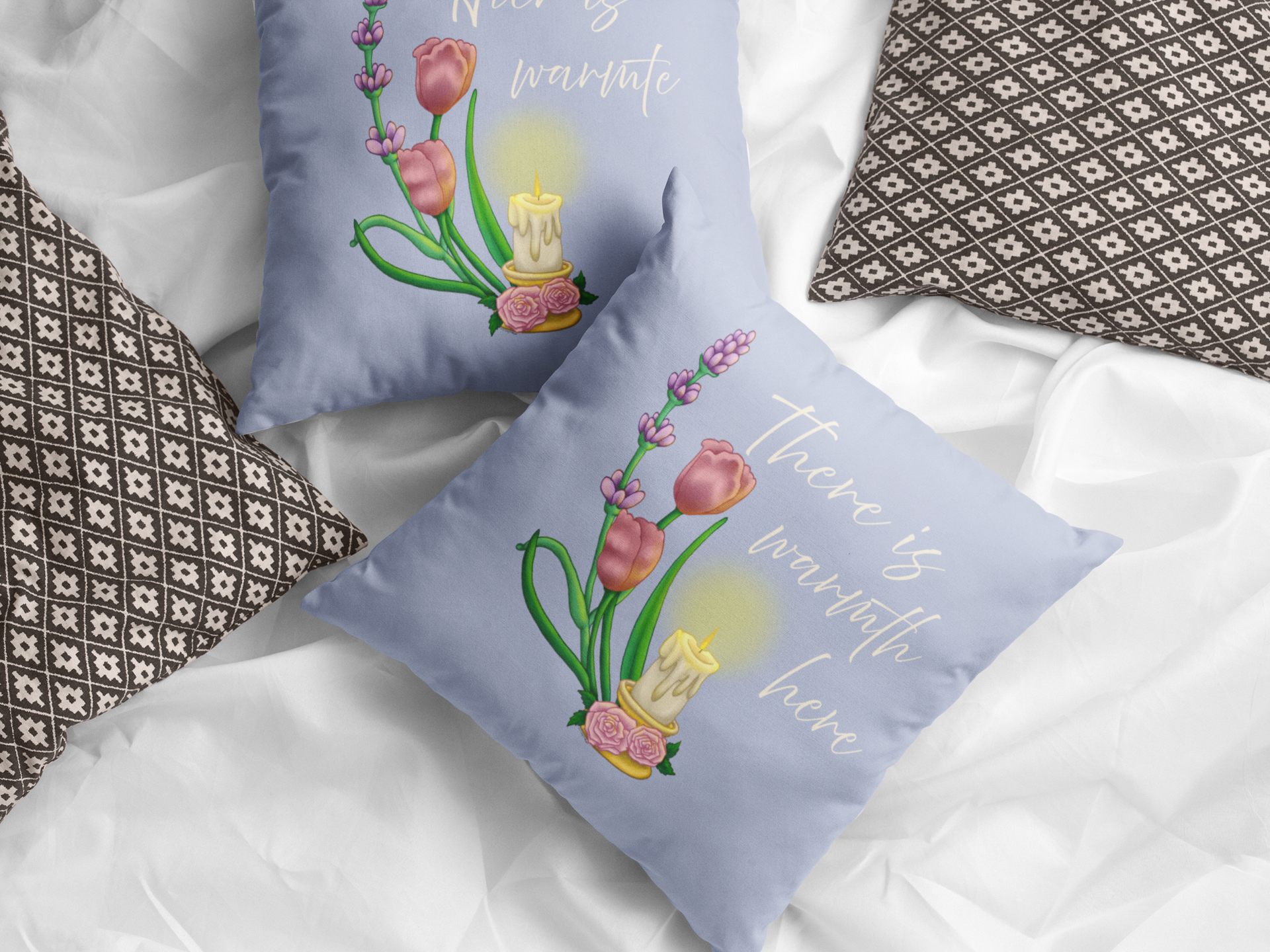 There Is Warmth Here decorative slate blue pillow featuring cottagecore art with candle, lavender sprigs, and tulips, whimsical home decor designed in Haarlem Netherlands