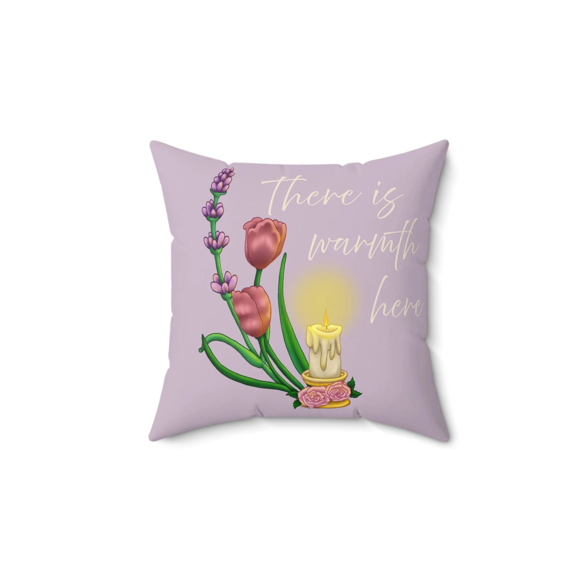 There Is Warmth Here decorative lavender pillow featuring cottagecore illustration with candle, lavender sprigs, and tulips, whimsical home decor designed in Haarlem Netherlands. 14x14 in