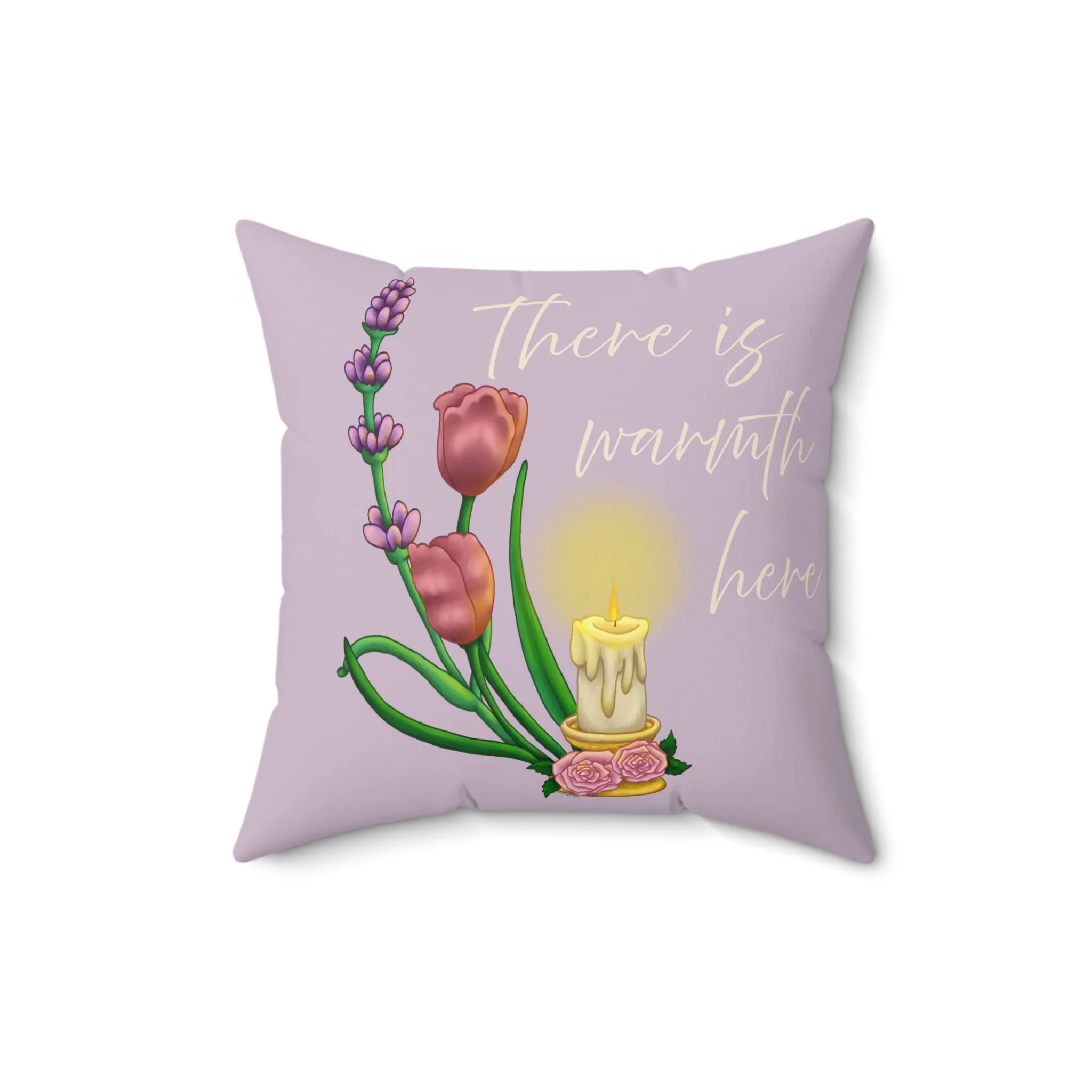 There Is Warmth Here decorative lavender pillow featuring cottagecore illustration with candle, lavender sprigs, and tulips, whimsical home decor designed in Haarlem Netherlands. 16x16 in