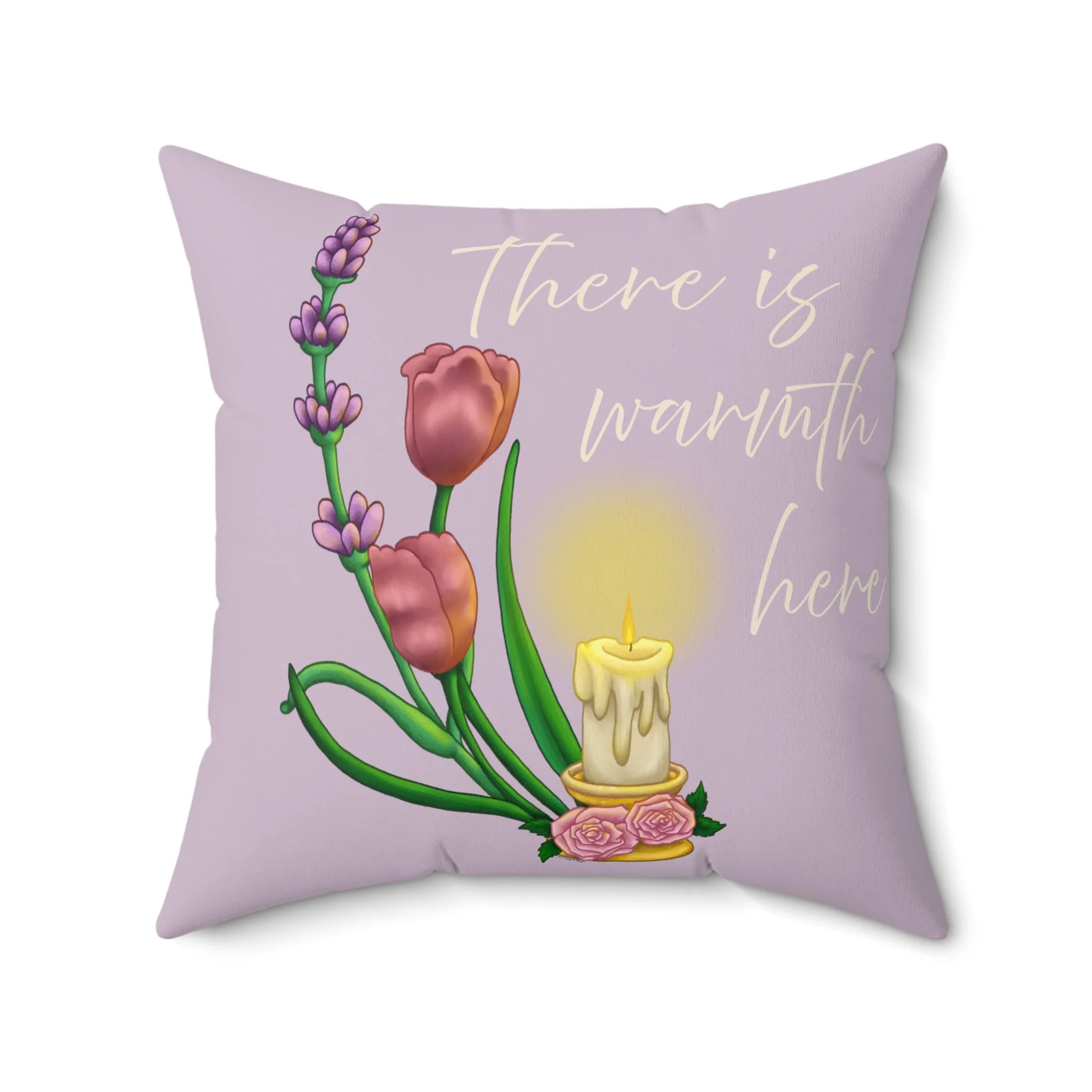 There Is Warmth Here decorative lavender pillow featuring cottagecore illustration with candle, lavender sprigs, and tulips, whimsical home decor designed in Haarlem Netherlands. Size 20x20in