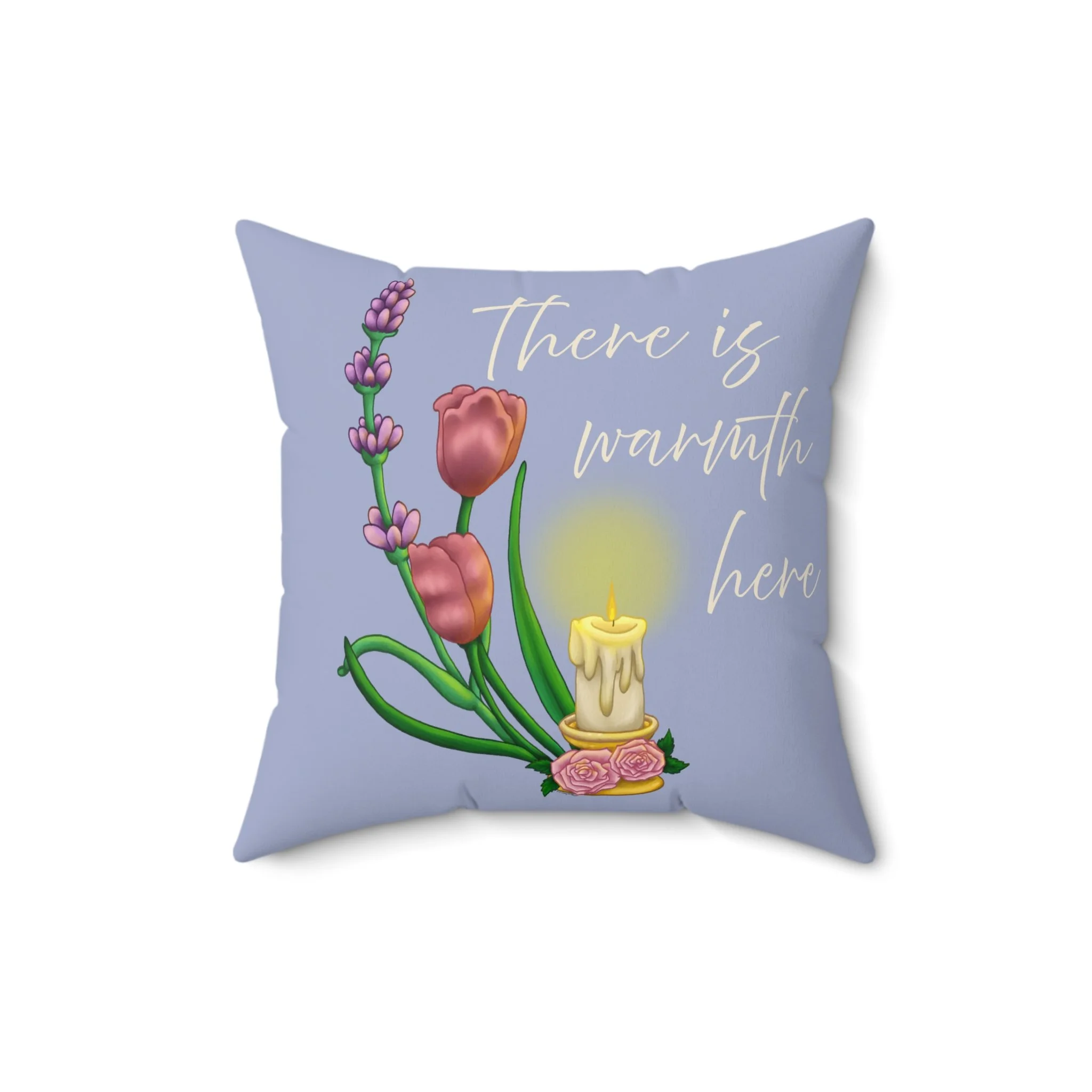 There Is Warmth Here decorative slate blue pillow featuring cottagecore art with candle, lavender sprigs, and tulips, whimsical home decor designed in Haarlem Netherlands. Size 16x16 in