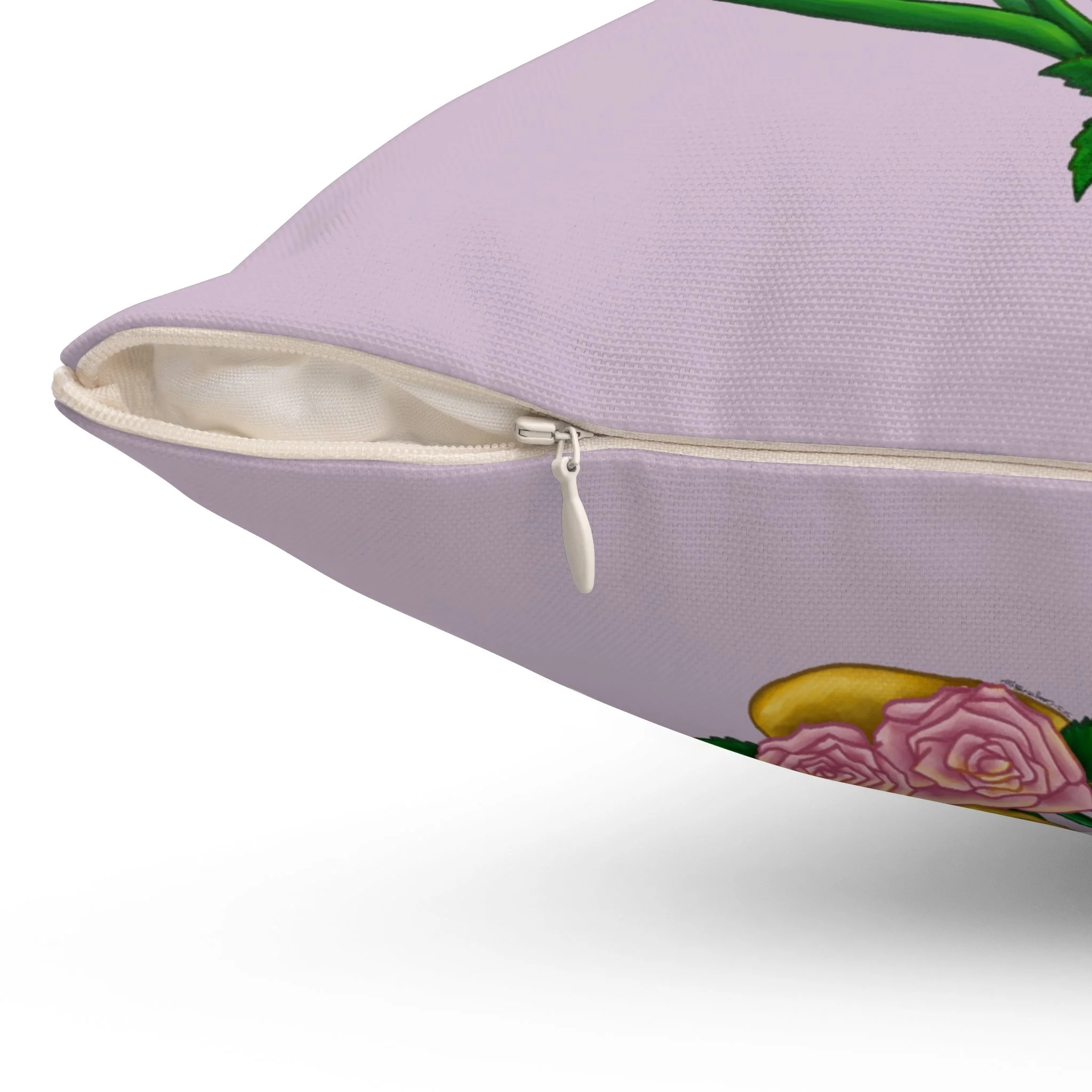 There Is Warmth Here decorative lavender pillow featuring cottagecore illustration with candle, lavender sprigs, and tulips, whimsical home decor designed in Haarlem Netherlands. Invisable side zipper