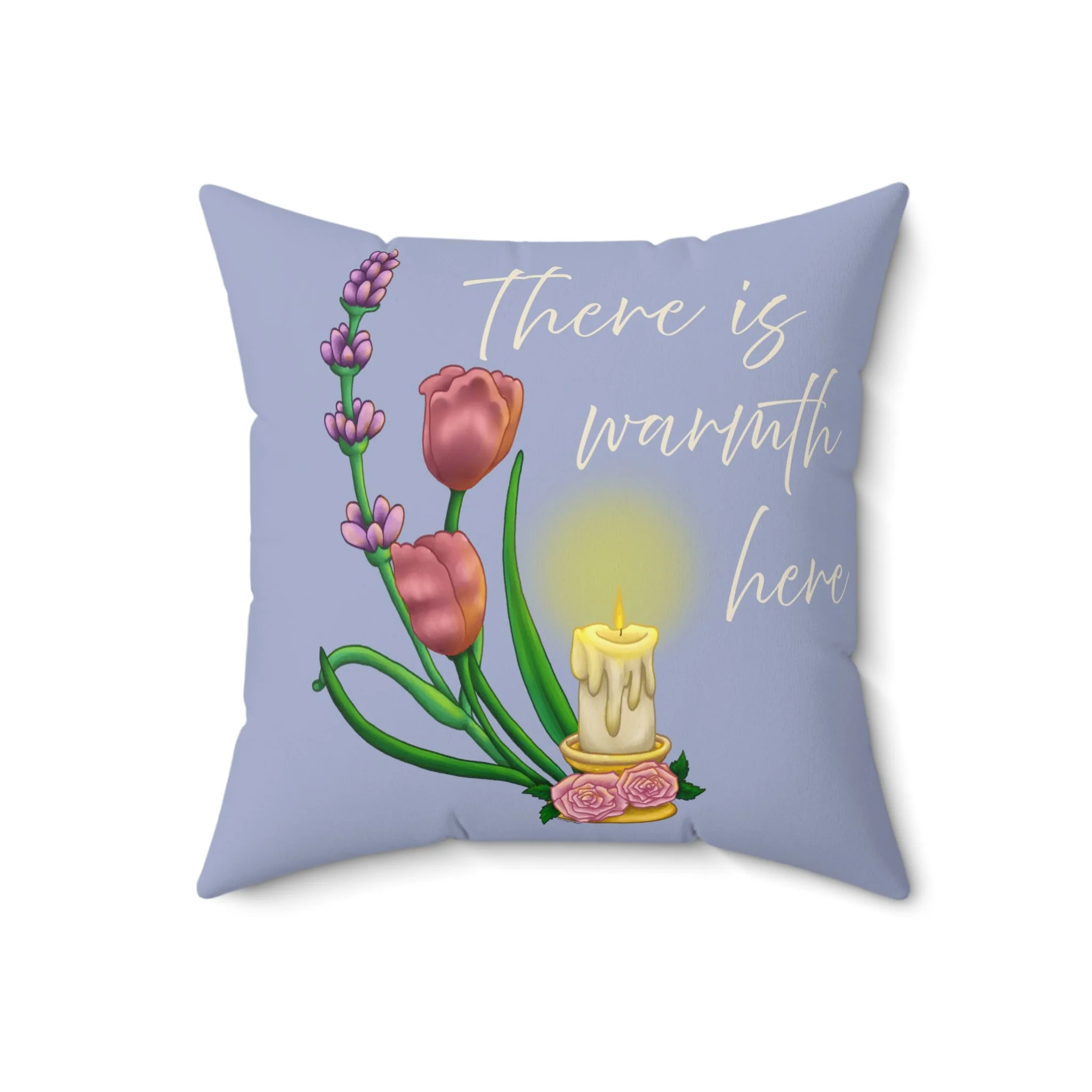 There Is Warmth Here decorative slate blue pillow featuring cottagecore art with candle, lavender sprigs, and tulips, whimsical home decor designed in Haarlem Netherlands. Size 18x18 in