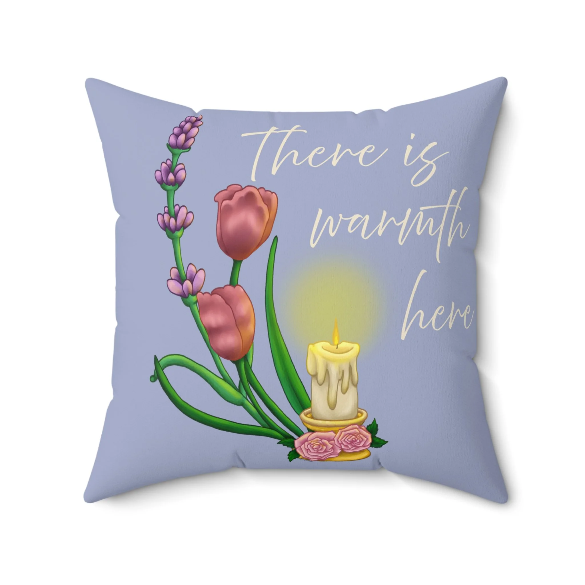 There Is Warmth Here decorative slate blue pillow featuring cottagecore art with candle, lavender sprigs, and tulips, whimsical home decor designed in Haarlem Netherlands. Size 20x20 in