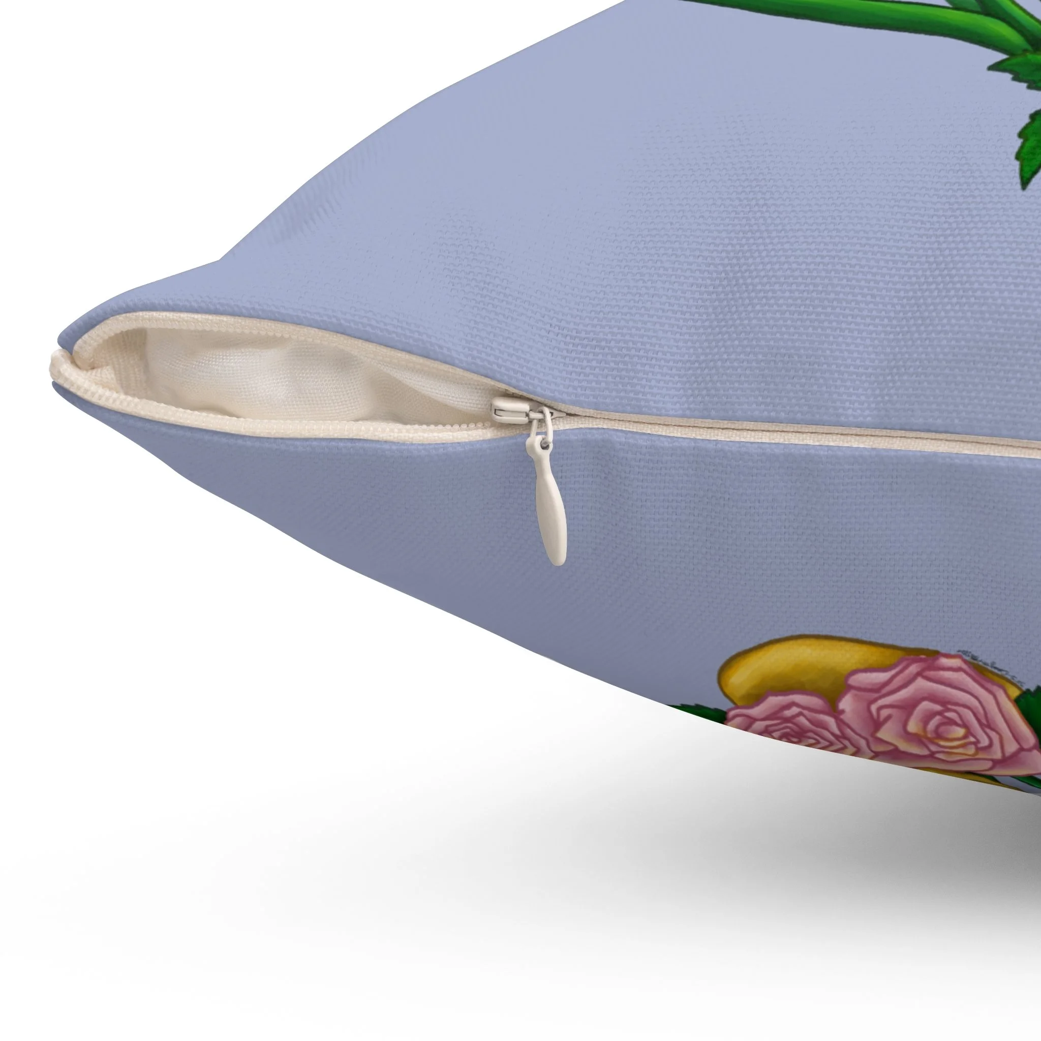 There Is Warmth Here decorative slate blue pillow featuring cottagecore art with candle, lavender sprigs, and tulips, whimsical home decor designed in Haarlem Netherlands. Side Invisible zipper