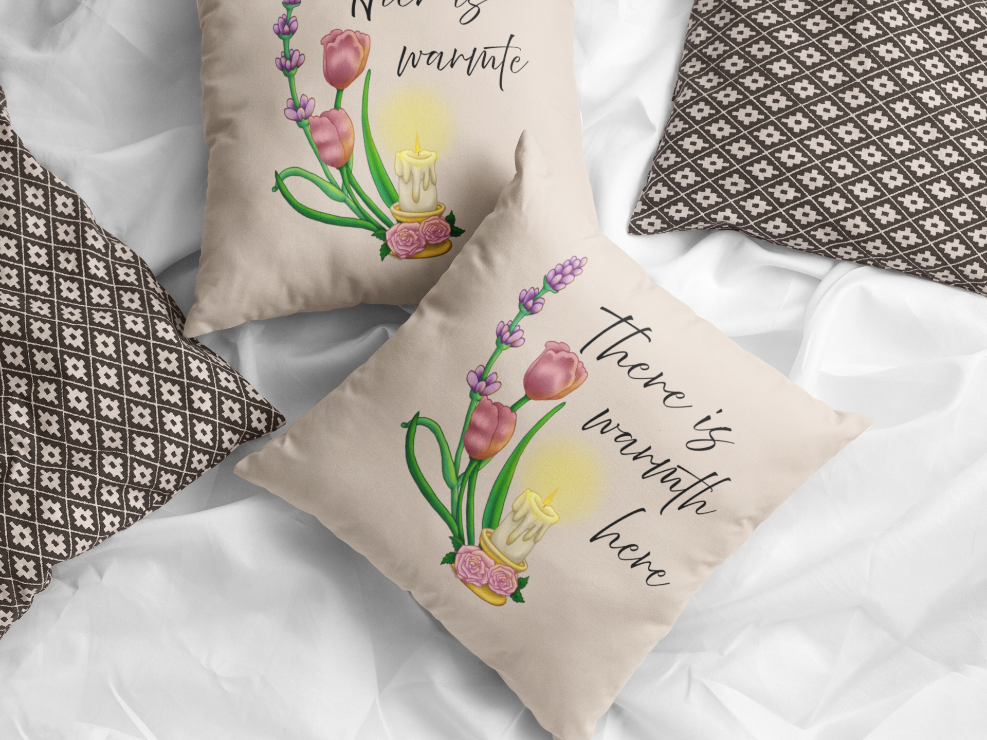There Is Warmth Here decorative beige pillow featuring cottagecore illustration with candle, lavender sprigs, and tulips, whimsical home decor designed in Haarlem Netherlands