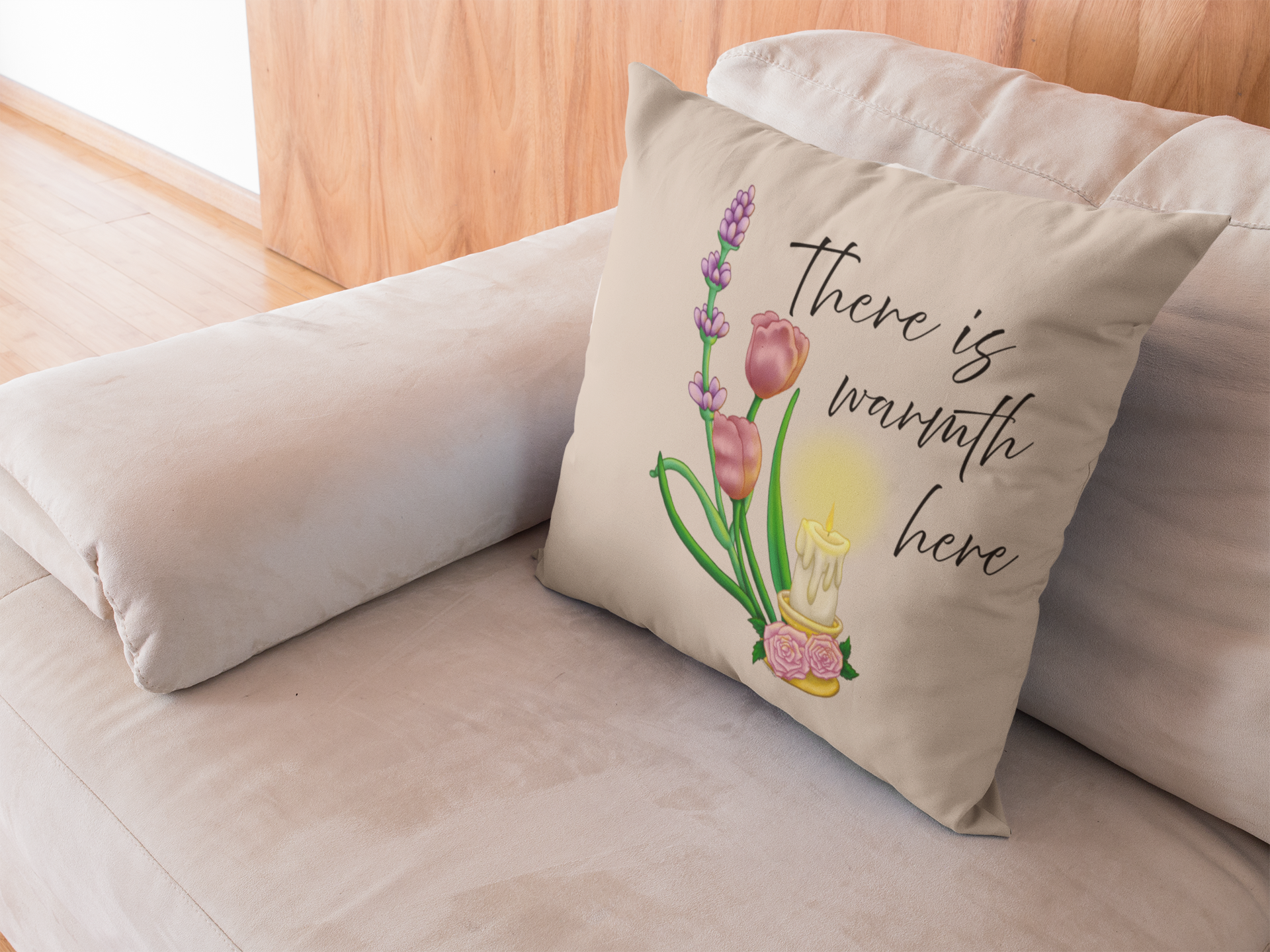 There Is Warmth Here decorative beige pillow featuring cottagecore illustration with candle, lavender sprigs, and tulips, whimsical home decor designed in Haarlem Netherlands