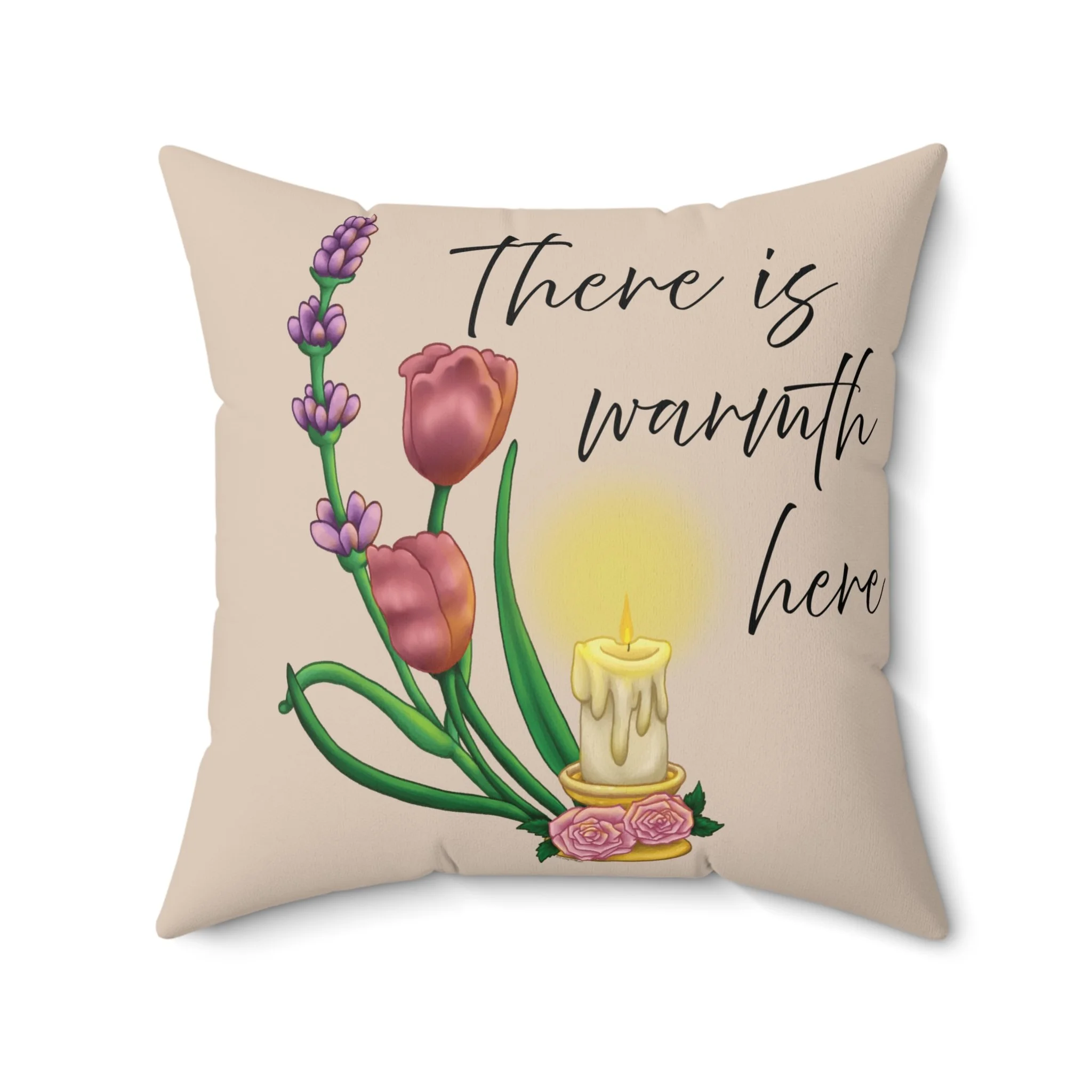 There Is Warmth Here decorative beige pillow featuring cottagecore illustration with candle, lavender sprigs, and tulips, whimsical home decor designed in Haarlem Netherlands. Size 20x20 in