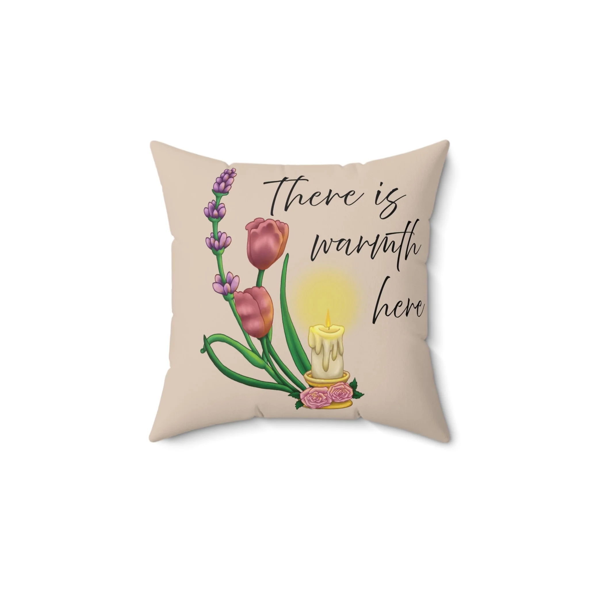 There Is Warmth Here decorative beige pillow featuring cottagecore illustration with candle, lavender sprigs, and tulips, whimsical home decor designed in Haarlem Netherlands. 14x14 in