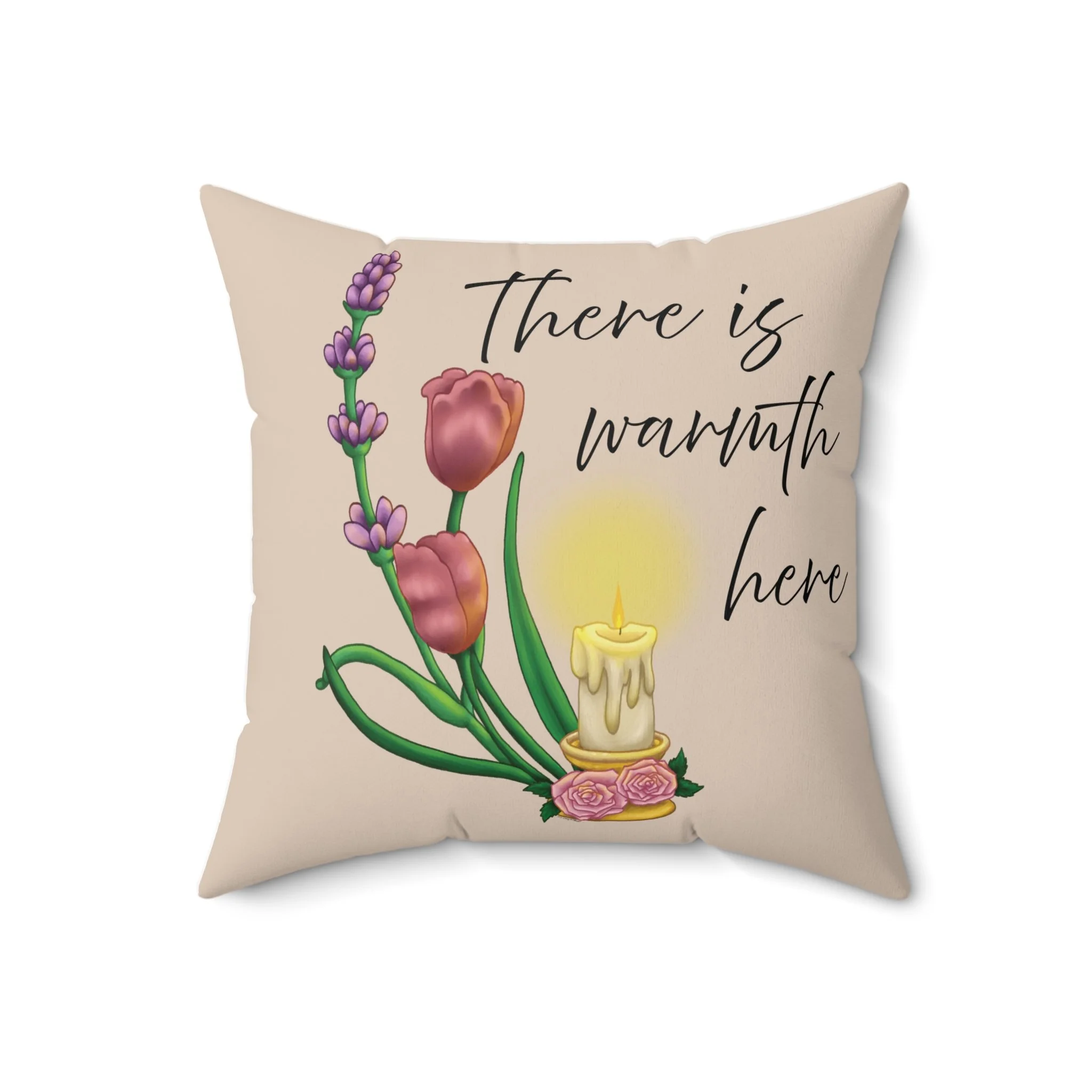 There Is Warmth Here decorative beige pillow featuring cottagecore illustration with candle, lavender sprigs, and tulips, whimsical home decor designed in Haarlem Netherlands. 18x18 in