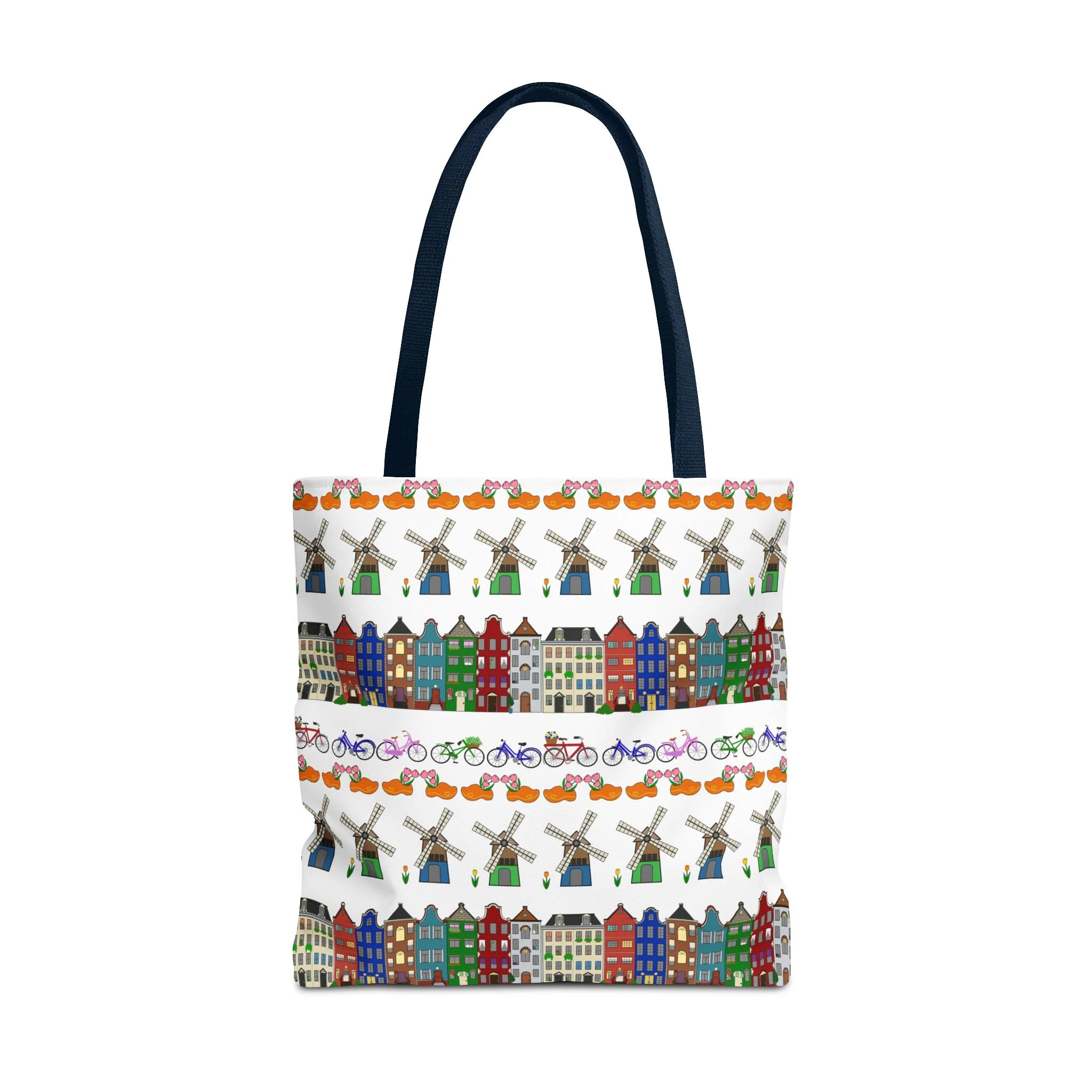 Dutch pattern all-over print tote bag canal houses windmills bicycles tulips wooden shoes colorful Netherlands design polyester canvas Starlight Falls Studio Haarlem. Navy handle