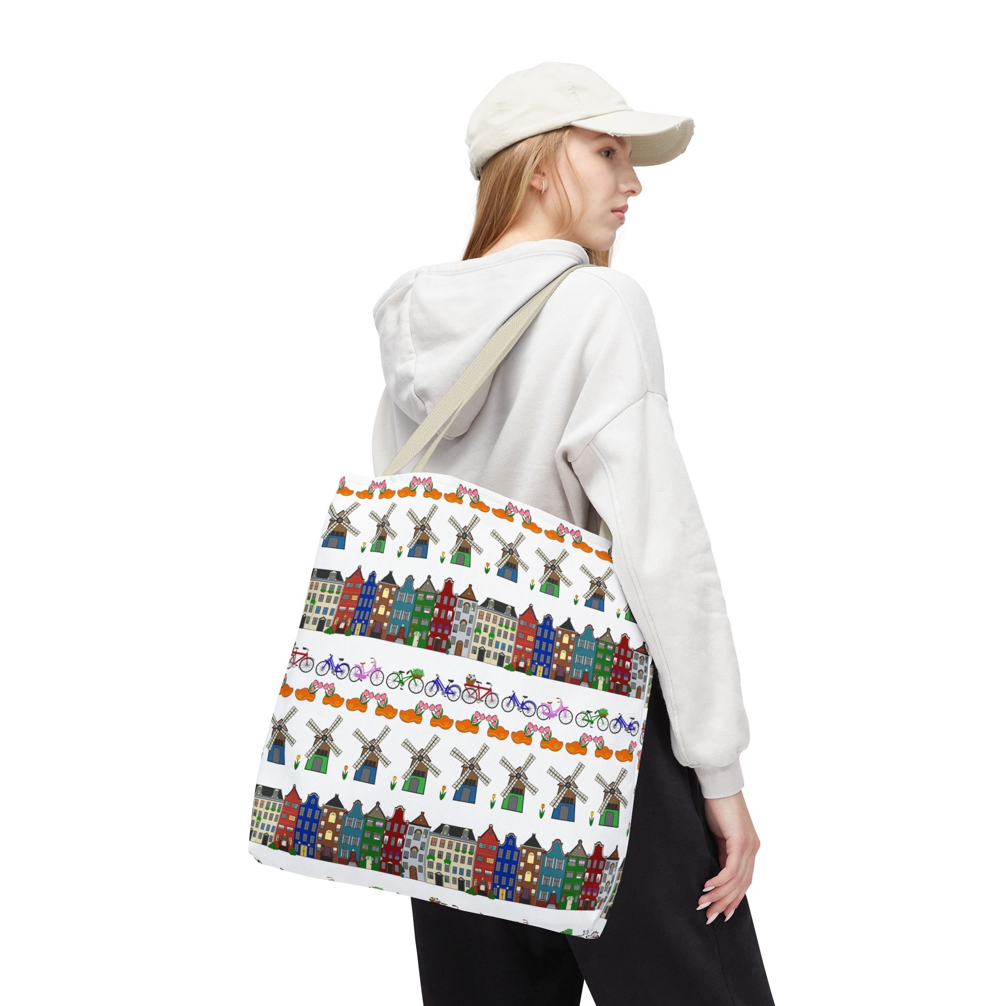Dutch pattern all-over print tote bag canal houses windmills bicycles tulips wooden shoes colorful Netherlands design polyester canvas Starlight Falls Studio Haarlem. 18x18 in