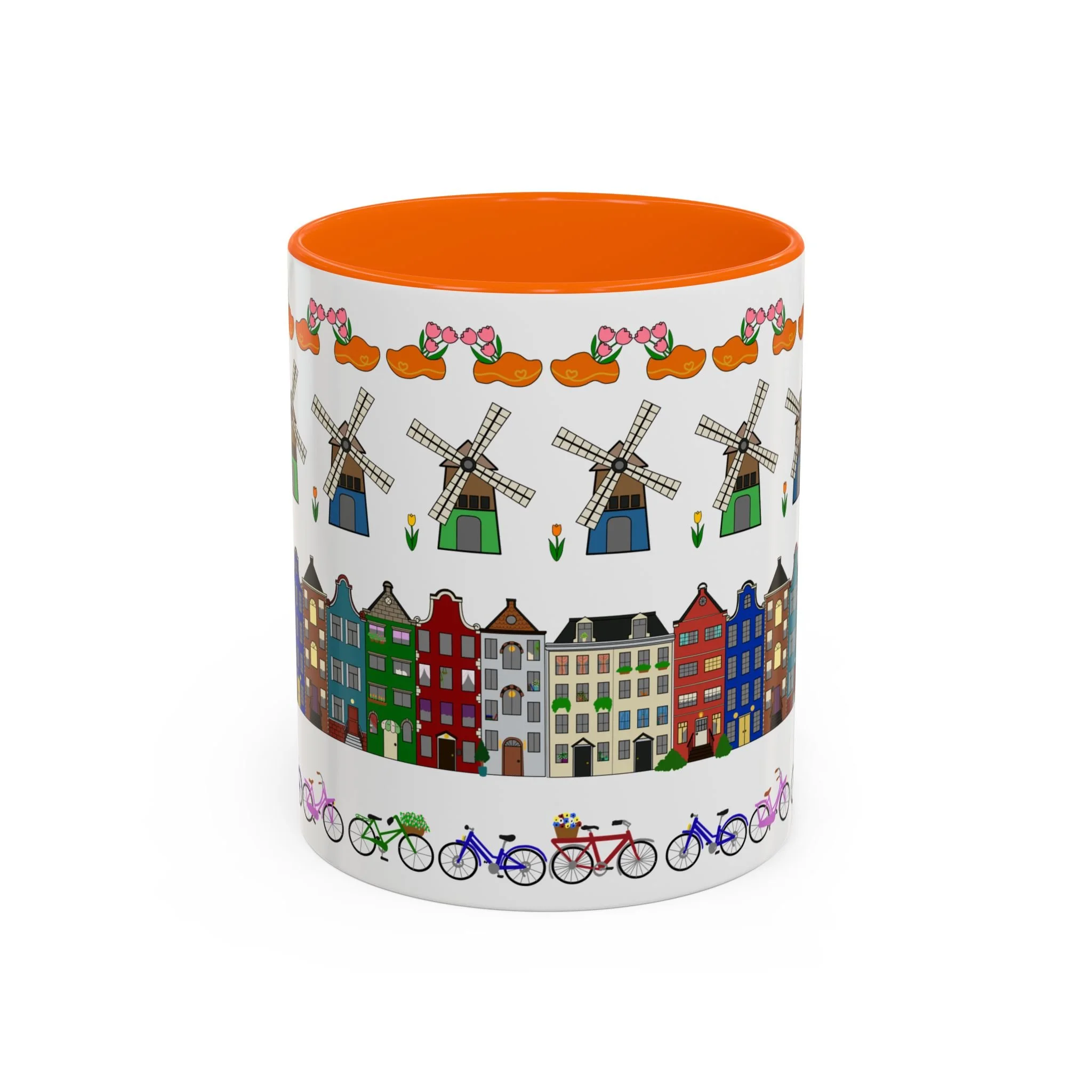 Dutch pattern accent mug orange handle interior canal houses windmills bicycles tulips ceramic 11oz coffee cup Netherlands Starlight Falls Studio Haarlem