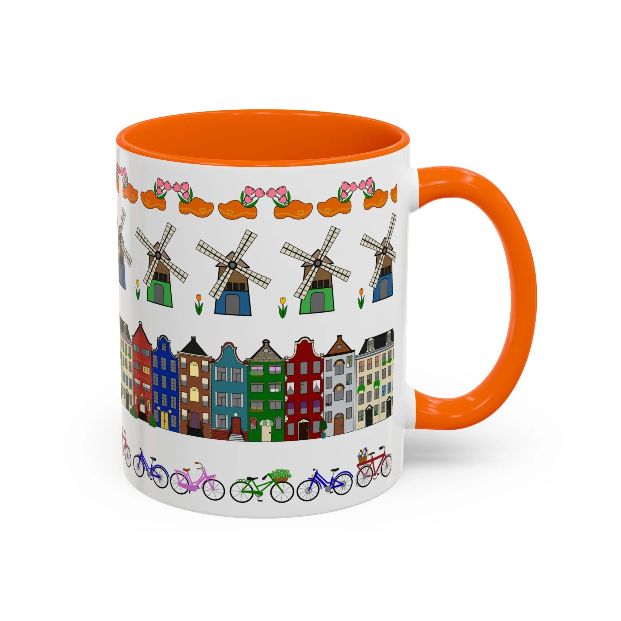 Dutch pattern accent mug orange handle interior canal houses windmills bicycles tulips ceramic 11oz coffee cup Netherlands Starlight Falls Studio Haarlem