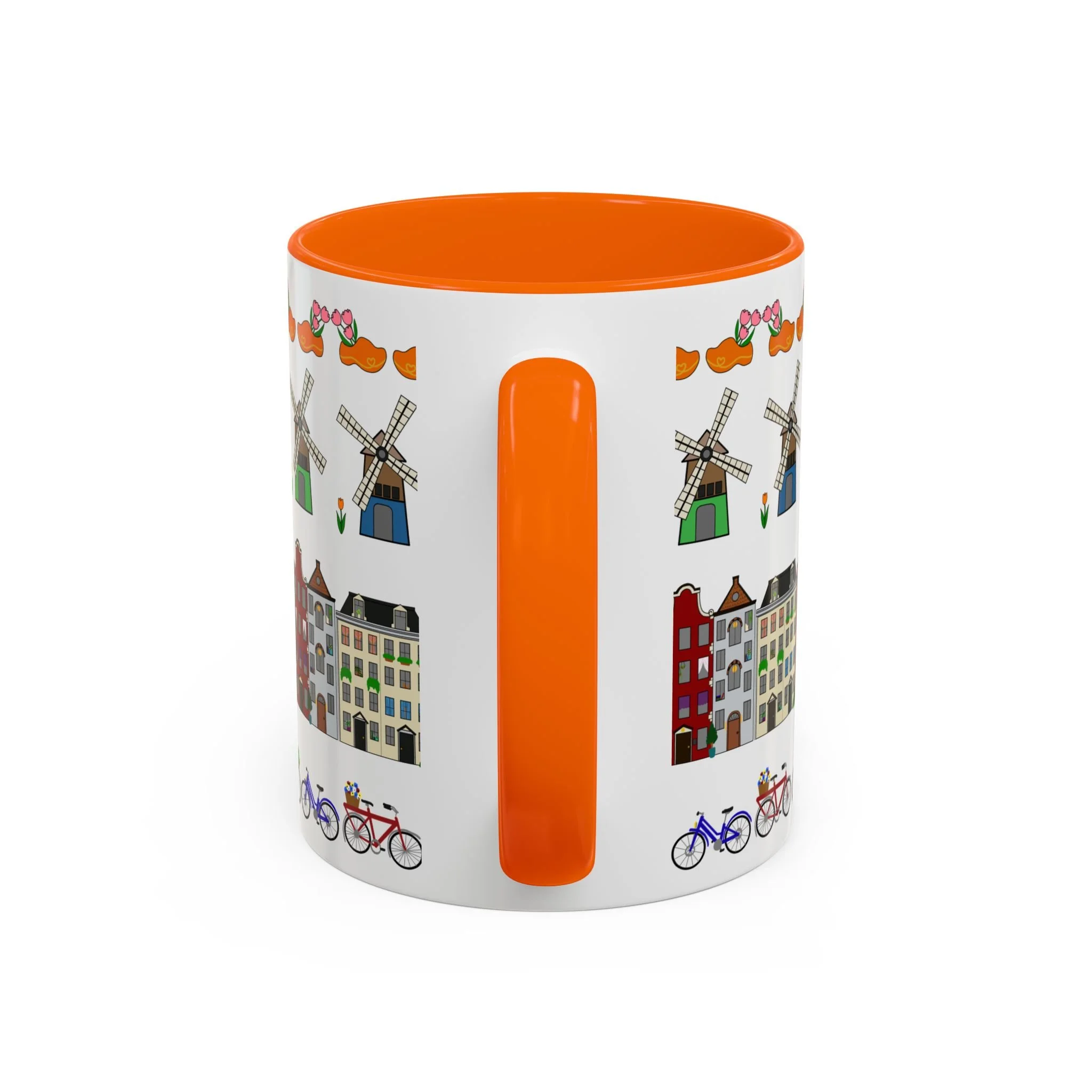 Dutch pattern accent mug orange handle interior canal houses windmills bicycles tulips ceramic 11oz coffee cup Netherlands Starlight Falls Studio Haarlem