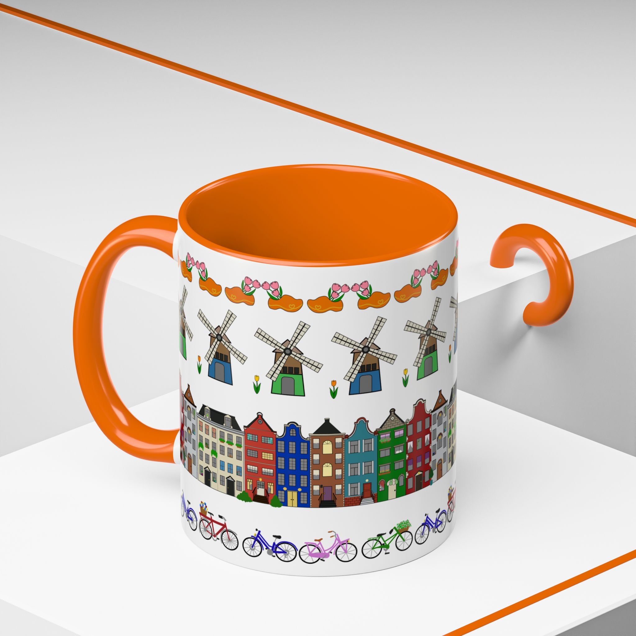 Dutch pattern accent mug orange handle interior canal houses windmills bicycles tulips ceramic 11oz coffee cup Netherlands Starlight Falls Studio Haarlem