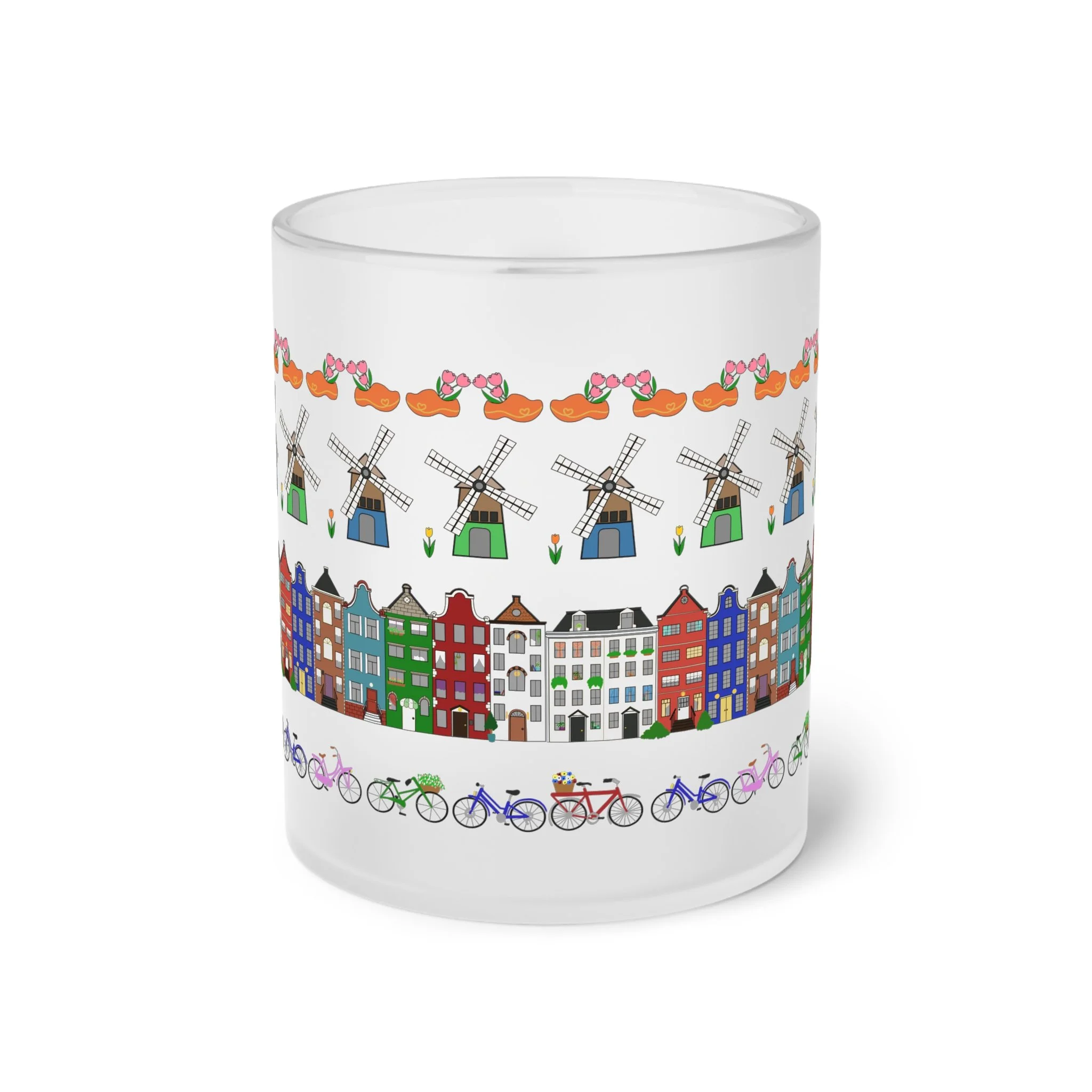 Dutch pattern frosted glass mug canal houses windmills bicycles tulips 11oz coffee cup matte finish Netherlands Starlight Falls Studio Haarlem design