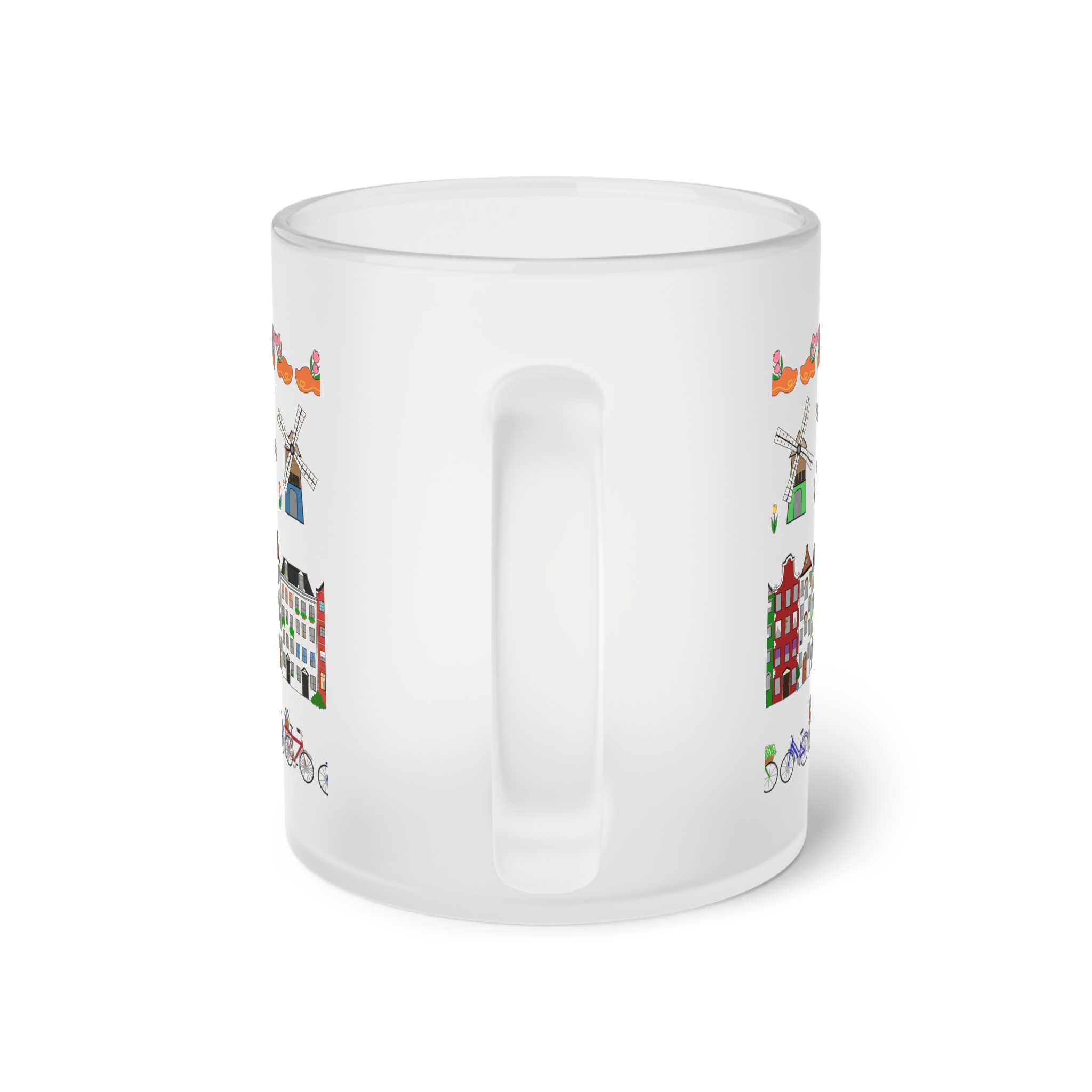Dutch pattern frosted glass mug canal houses windmills bicycles tulips 11oz coffee cup matte finish Netherlands Starlight Falls Studio Haarlem design. handle side