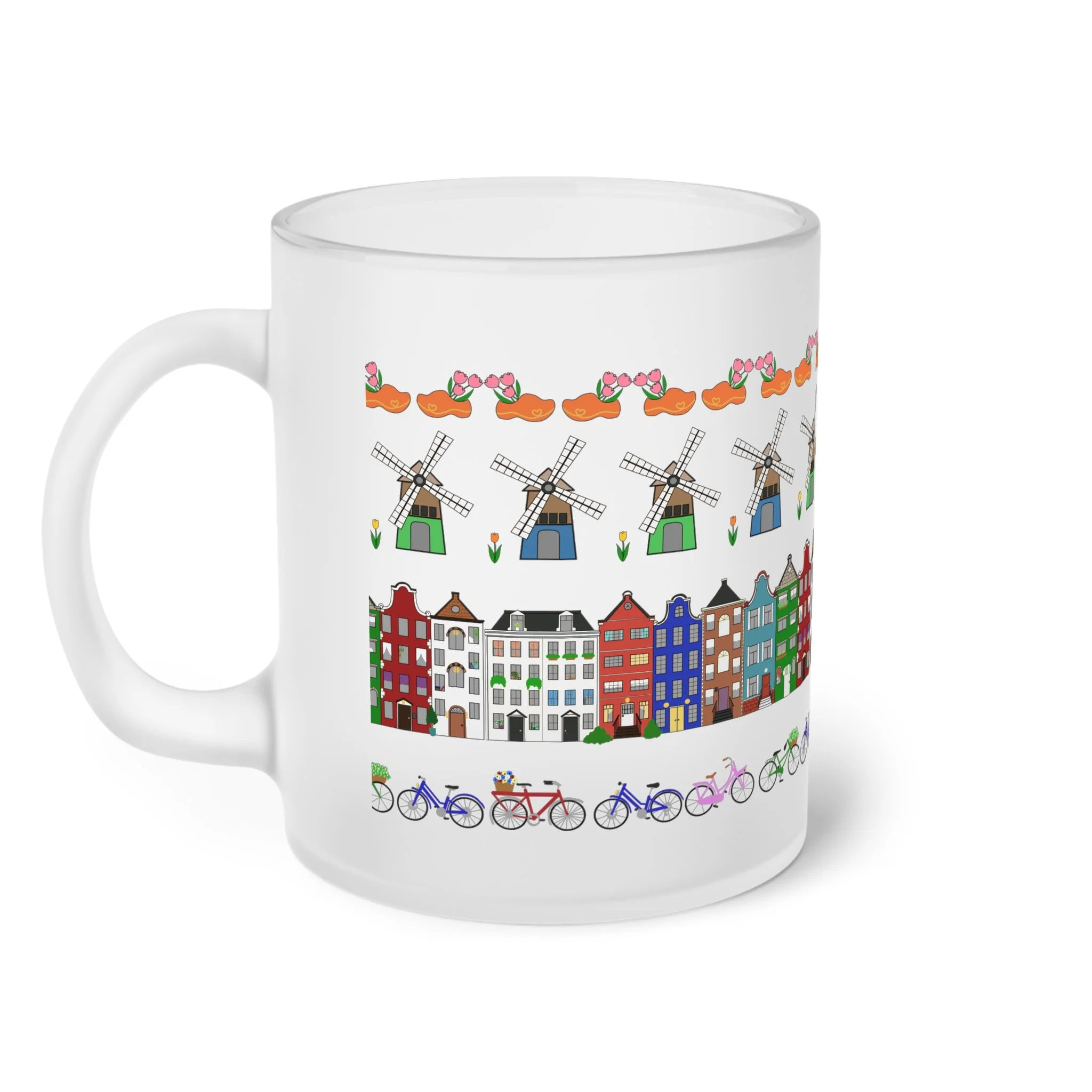 Dutch pattern frosted glass mug canal houses windmills bicycles tulips 11oz coffee cup matte finish Netherlands Starlight Falls Studio Haarlem design. left side
