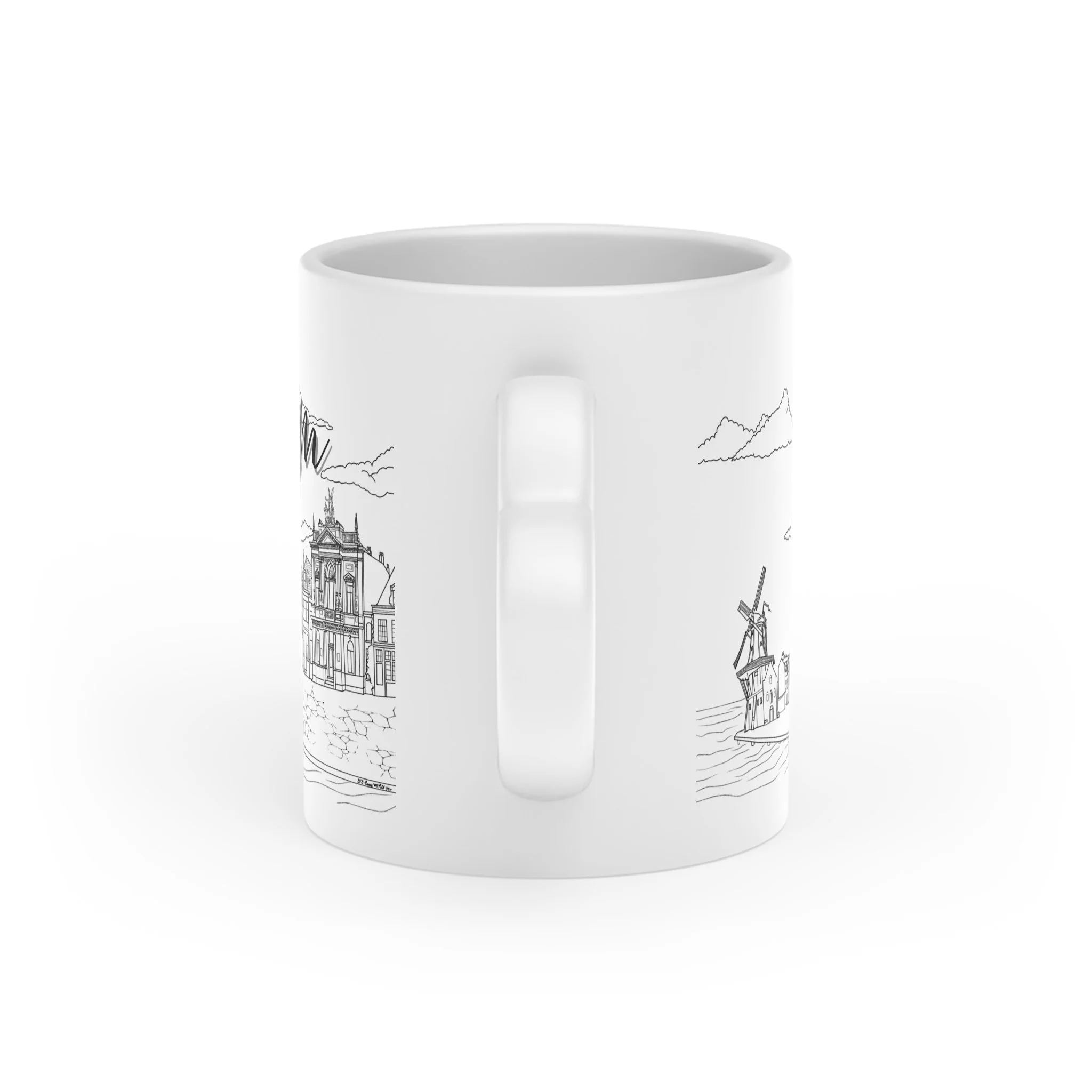 Haarlem skyline heart handle coffee mug hand-drawn Dutch cityscape St Bavo church windmill canal houses ceramic 11oz Starlight Falls Studio Netherlands gift . handle side