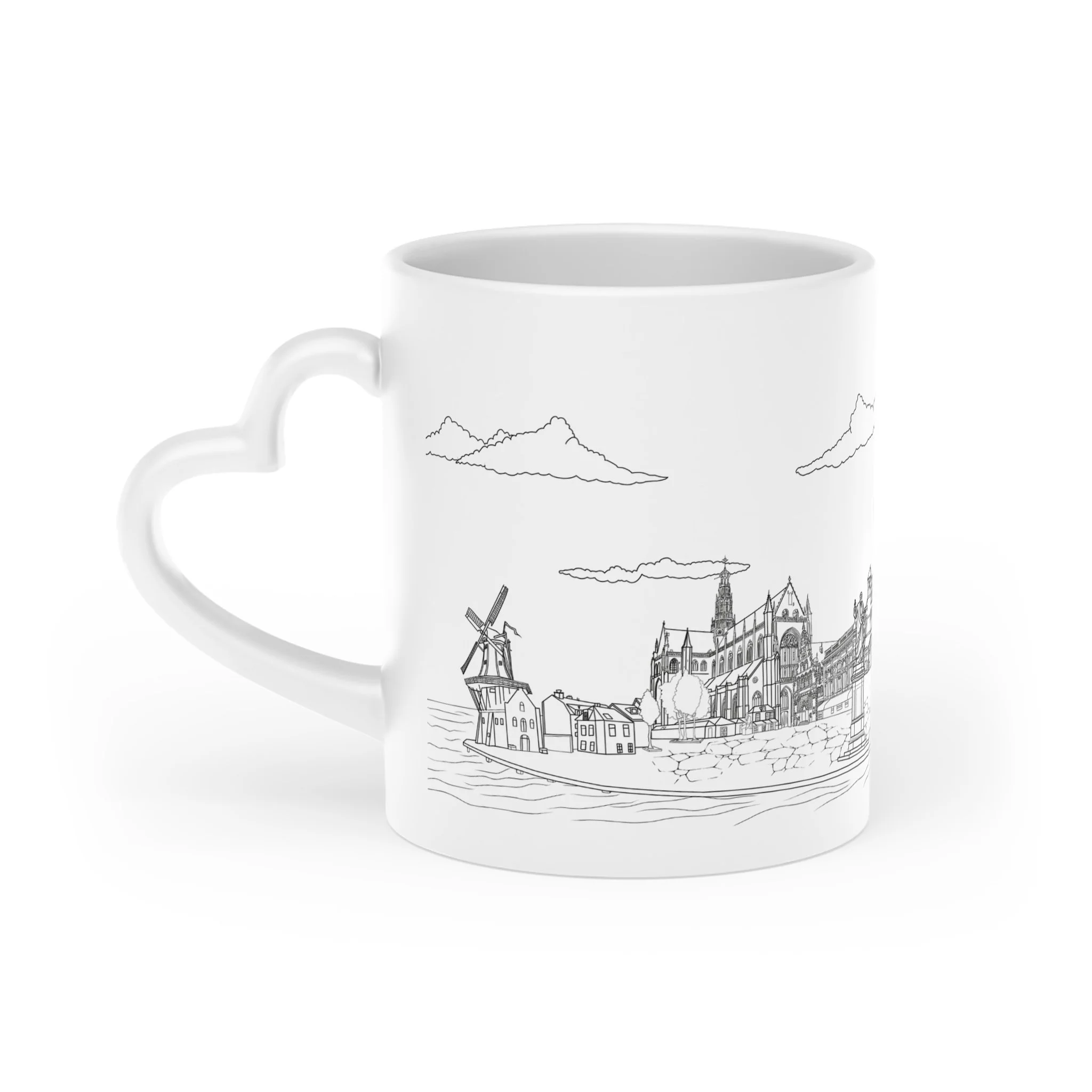 Haarlem skyline heart handle coffee mug hand-drawn Dutch cityscape St Bavo church windmill canal houses ceramic 11oz Starlight Falls Studio Netherlands gift. Left side