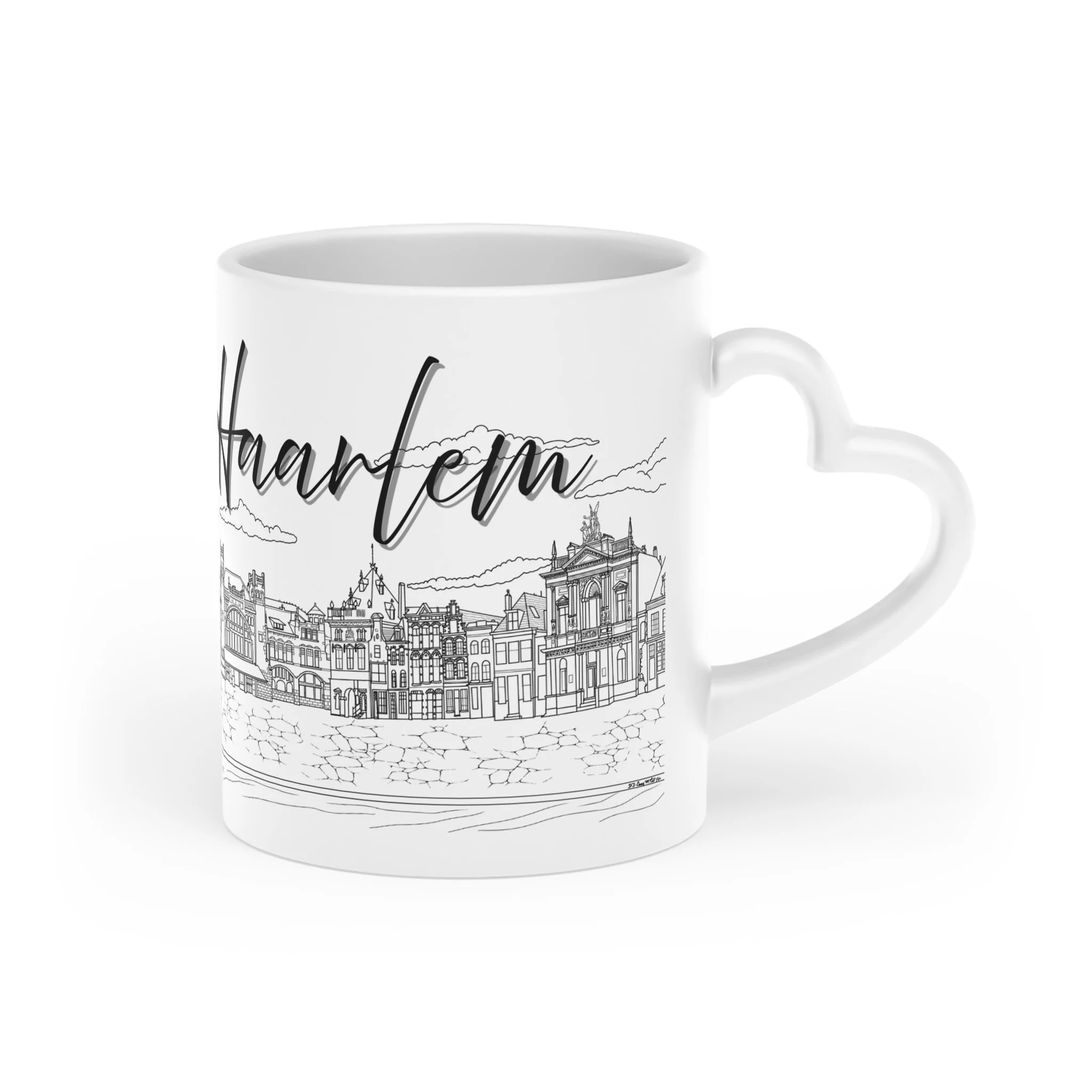 Haarlem skyline heart handle coffee mug hand-drawn Dutch cityscape St Bavo church windmill canal houses ceramic 11oz Starlight Falls Studio Netherlands gift. right side