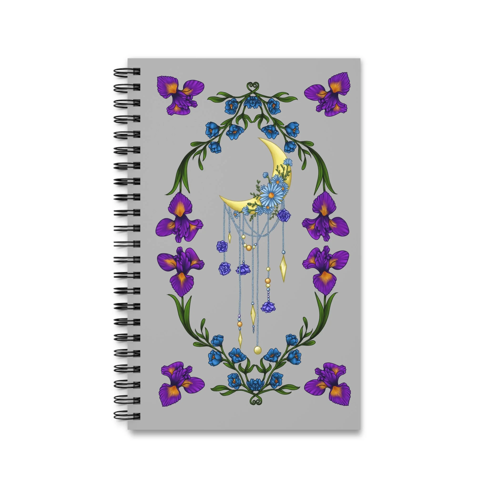 Crescent moon Dutch iris spiral notebook celestial floral journal ruled pages wire-o binding purple blue flowers Starlight Falls Studio Haarlem Netherlands art. front cover flat