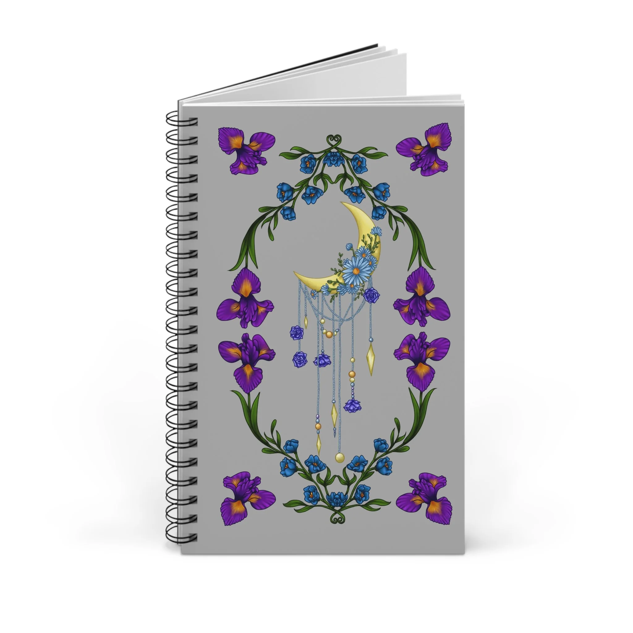 Crescent moon Dutch iris spiral notebook celestial floral journal ruled pages wire-o binding purple blue flowers Starlight Falls Studio Haarlem Netherlands art. standing slight open
